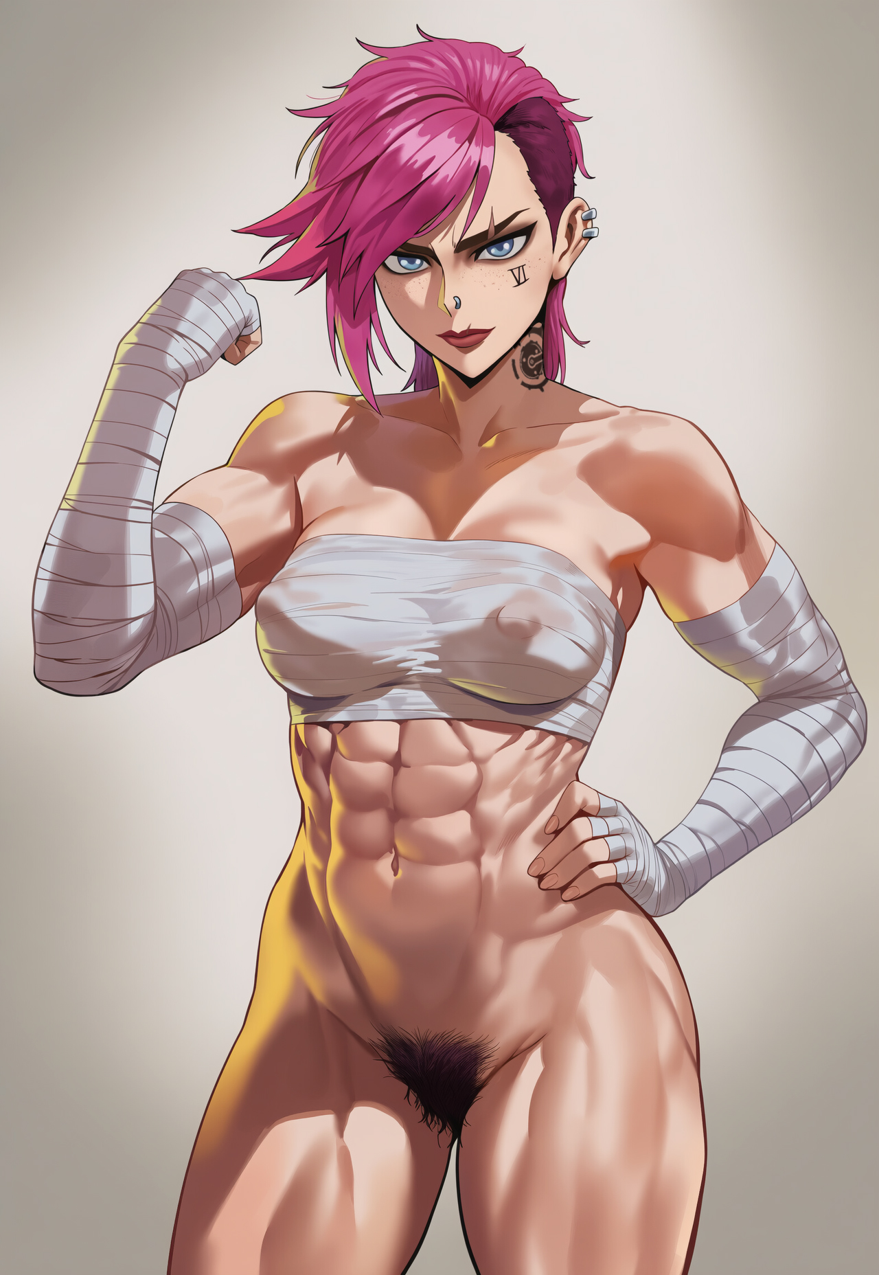 abs, ai generated, arcane, arcane vi, bandaged arm, bandaged chest, blue eyes, covered nipples, excessive pubic hair, female, freckles, jagat ai, league of legends, muscular female, piercing, pink hair, plain background, pubic hair, scar, scar on face, solo, solo female, tattoo, tomboy, toned female, undercut, vi, vi (league of legends)