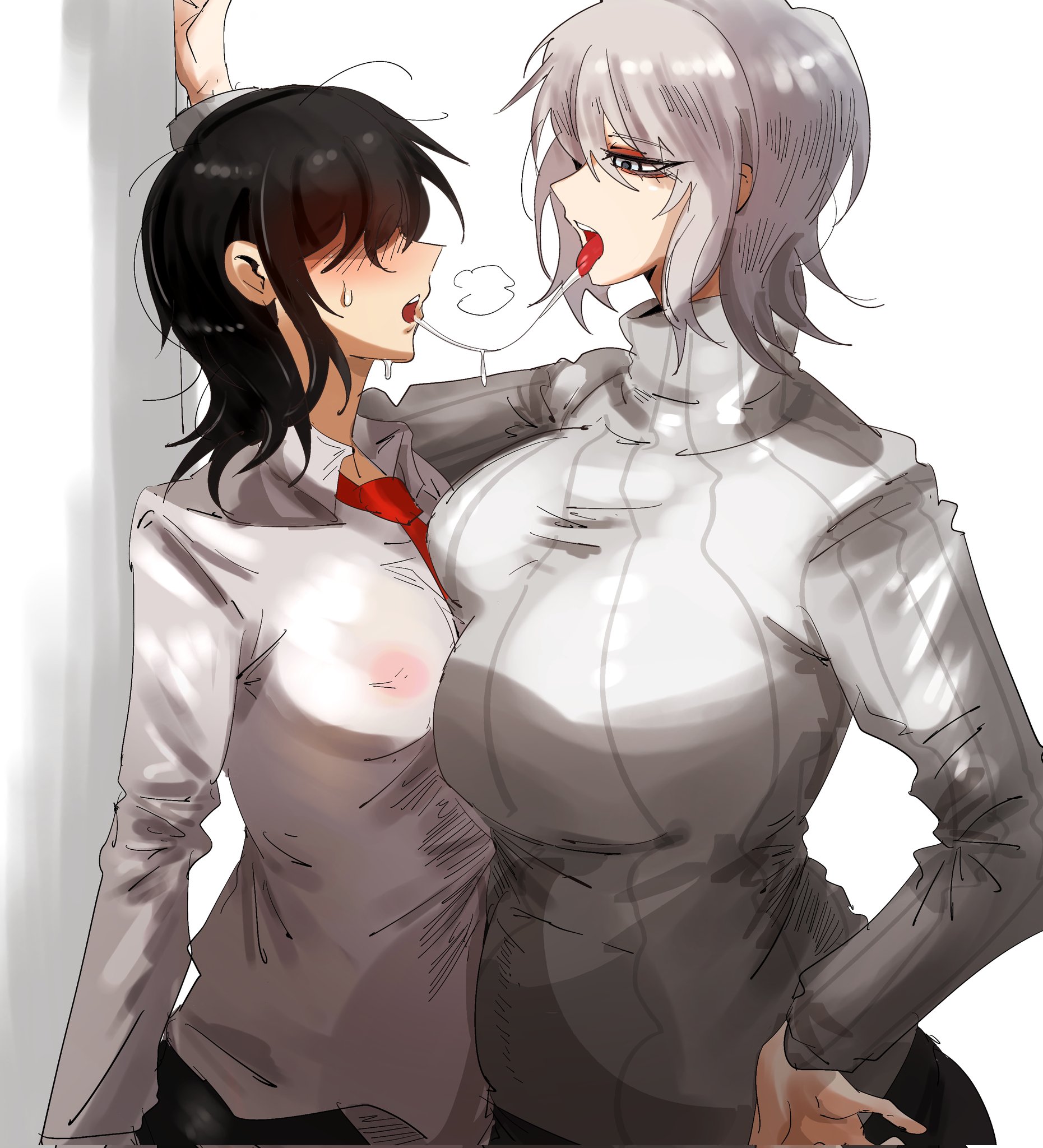 1boy, 1girls, arczaeon, big breasts, faust (limbus company), female, human, kissing, limbus company, male, project moon, yi sang (limbus company)