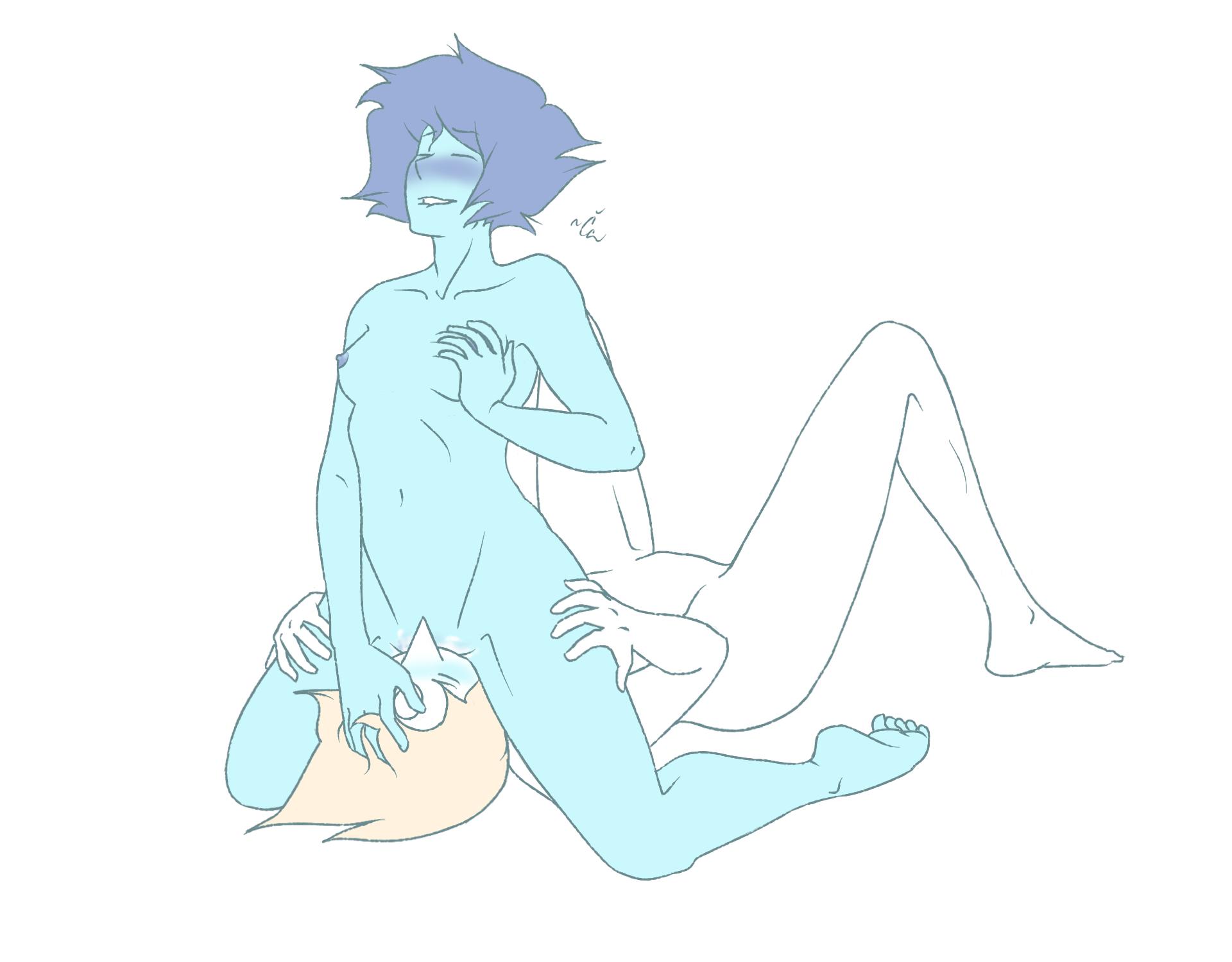 2girls, biting lip, blue skin, breasts, chaydachan, cunnilingus, female, kneeling, lapis lazuli (steven universe), multiple females, multiple girls, nude, oral, pearl (steven universe), sex, short hair, sitting on face, small breasts, steven universe, white background, white skin, yuri