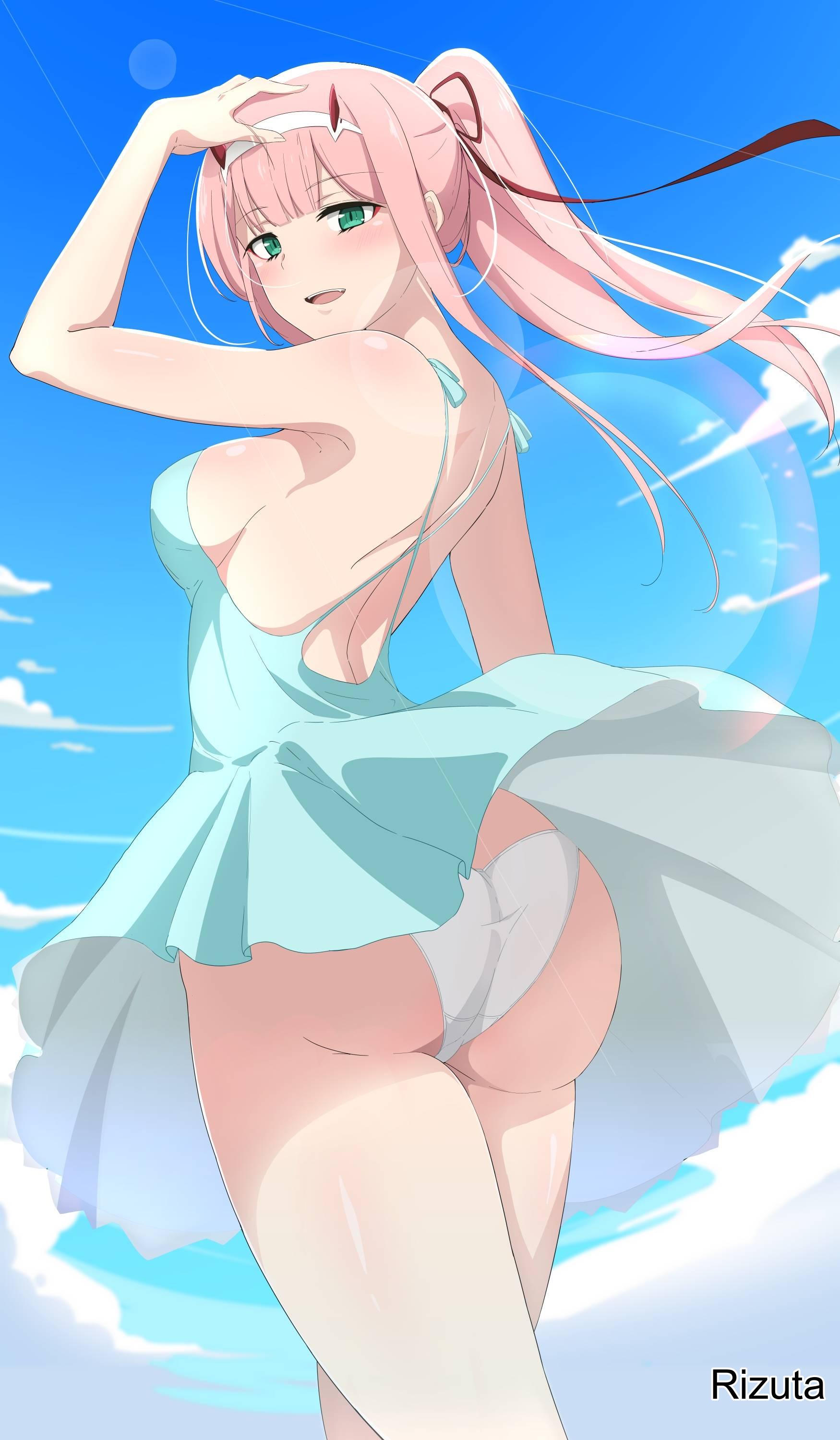 1girls, arm above head, arm up, armpit, armpit crease, armpit peek, armpits, ass, ass cleavage, ass crack, back, big breasts, blue background, blue sky, breasts, busty, busty female, busty girl, clouds, curvaceous, curvaceous body, curvaceous female, curvaceous figure, curvaceous hips, curvy, curvy ass, curvy body, curvy female, curvy figure, curvy hips, darling in the franxx, day, daylight, daytime, female, female only, gluteal fold, green eyes, green-eyed female, hair ribbon, hair tie, hairless armpits, hand above head, hand up, horn, horns, hourglass figure, inframammary fold, large boobs, large breasts, lean figure, long hair, looking down, looking down at viewer, median furrow, narrow waist, nipple bulge, open mouth, open mouth smile, outdoor, outdoors, outside, parted lips, pink eyebrows, pink hair, pink hair female, pink-haired female, plump breasts, ponytail, red hair ribbon, red hair tie, red horn, red horns, red ribbon, ribbon, rizuta, shaved armpits, shoulder blades, sky, slender body, slender waist, slim waist, smile, smiley face, smiling, smiling at viewer, thick ass, thick butt, thighs, tongue, upper teeth, wide hips, zero two (darling in the franxx)