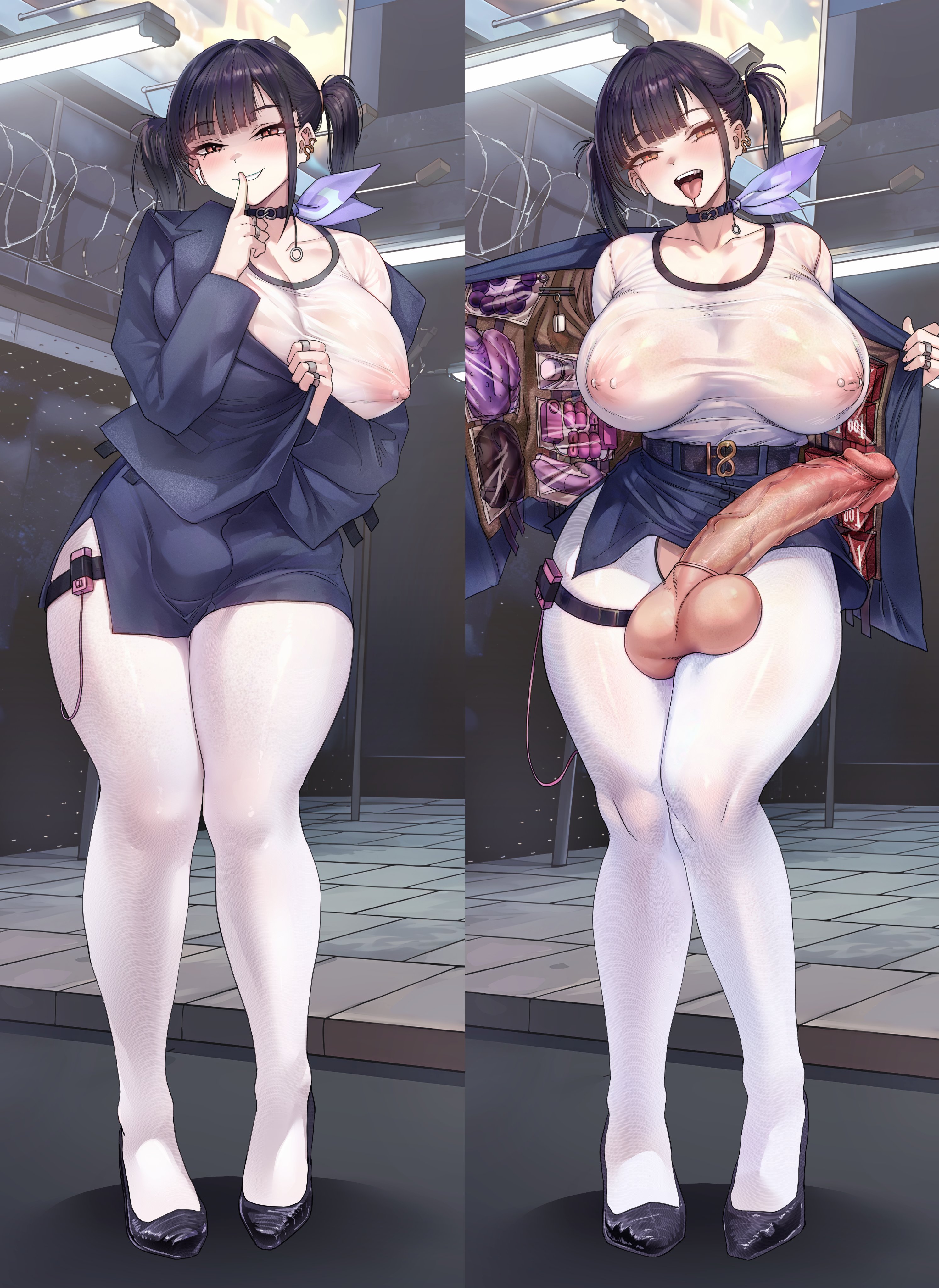 1futa, balls, bangs, big balls, big breasts, big nipples, blush, breasts, bulge, bulge to side, clothed, clothing, erection, exposed penis, flashing, flashing breasts, flashing penis, futa only, futanari, goddess of victory: nikke, huge cock, human, light skin, mostly clothed, nipple piercing, nipples visible through clothing, otik, pantyhose, penis, seductive look, seductive smile, see-through clothing, skirt, solo, solo futa, sora (nikke), thick thighs, tongue, tongue out, twintails, veiny penis, visible nipples, wide hips