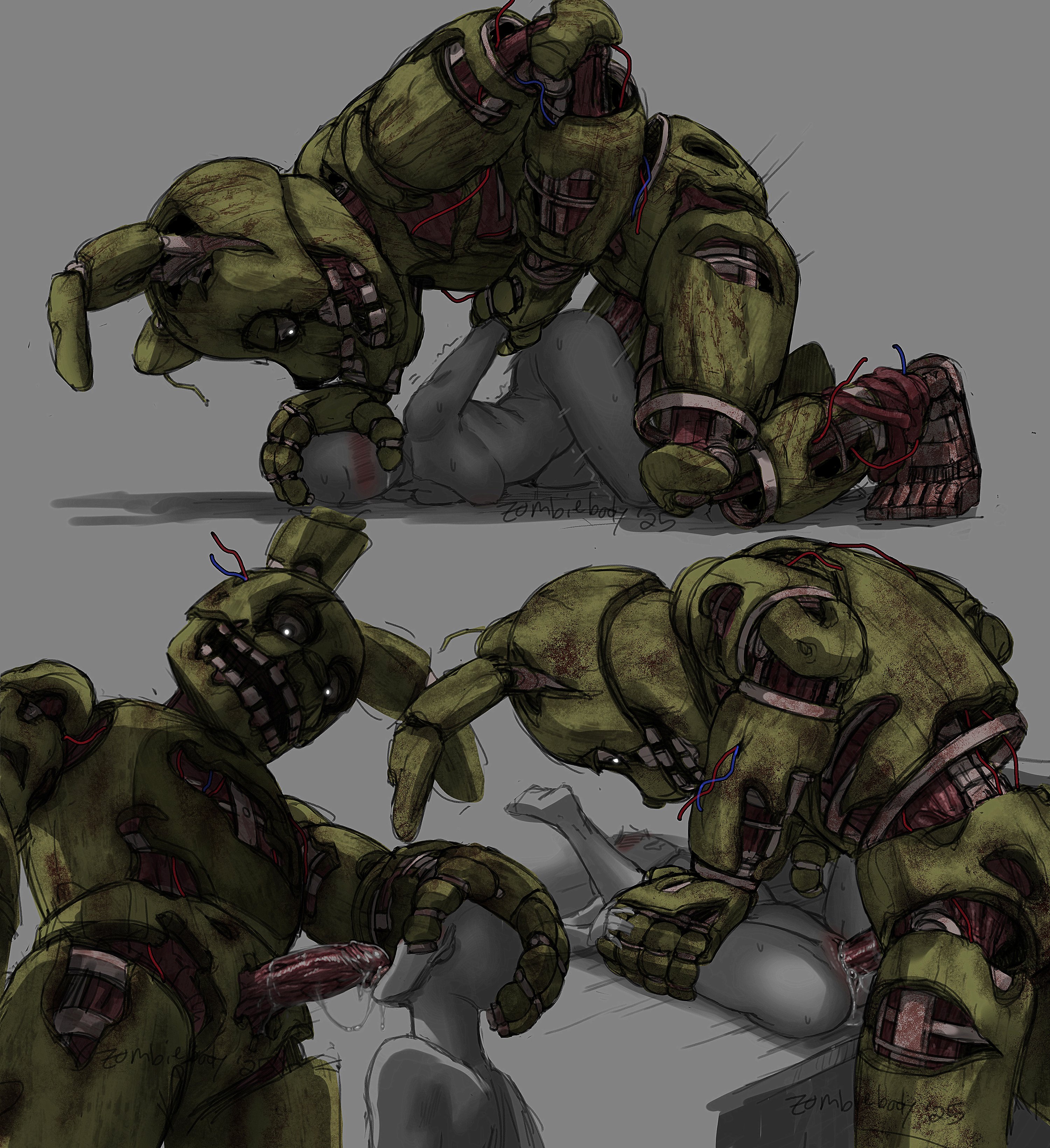 1boy, 1girls, animatronic, anonymous female, artist signature, bigger male, female, five nights at freddy's, human, larger male, male focus, male/female, piratecashoo, sex, shorter female, smaller female, springtrap (fnaf), straight, tagme, taller male, wide shoulders, zombie