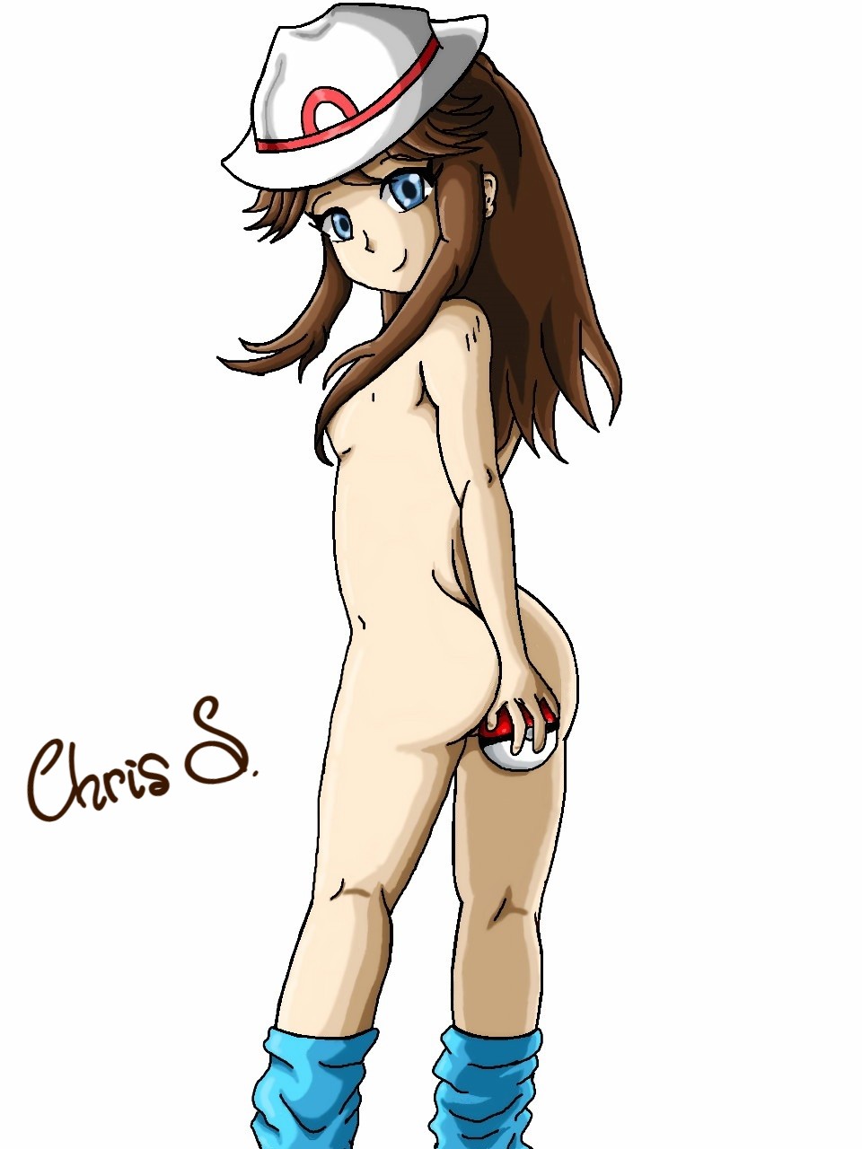 ass bad_censor brown_hair chrissanchezjustebel covering female game_freak hat leaf_(pokemon) nintendo nude pokeball pokemon socks socks_only solo solo_female