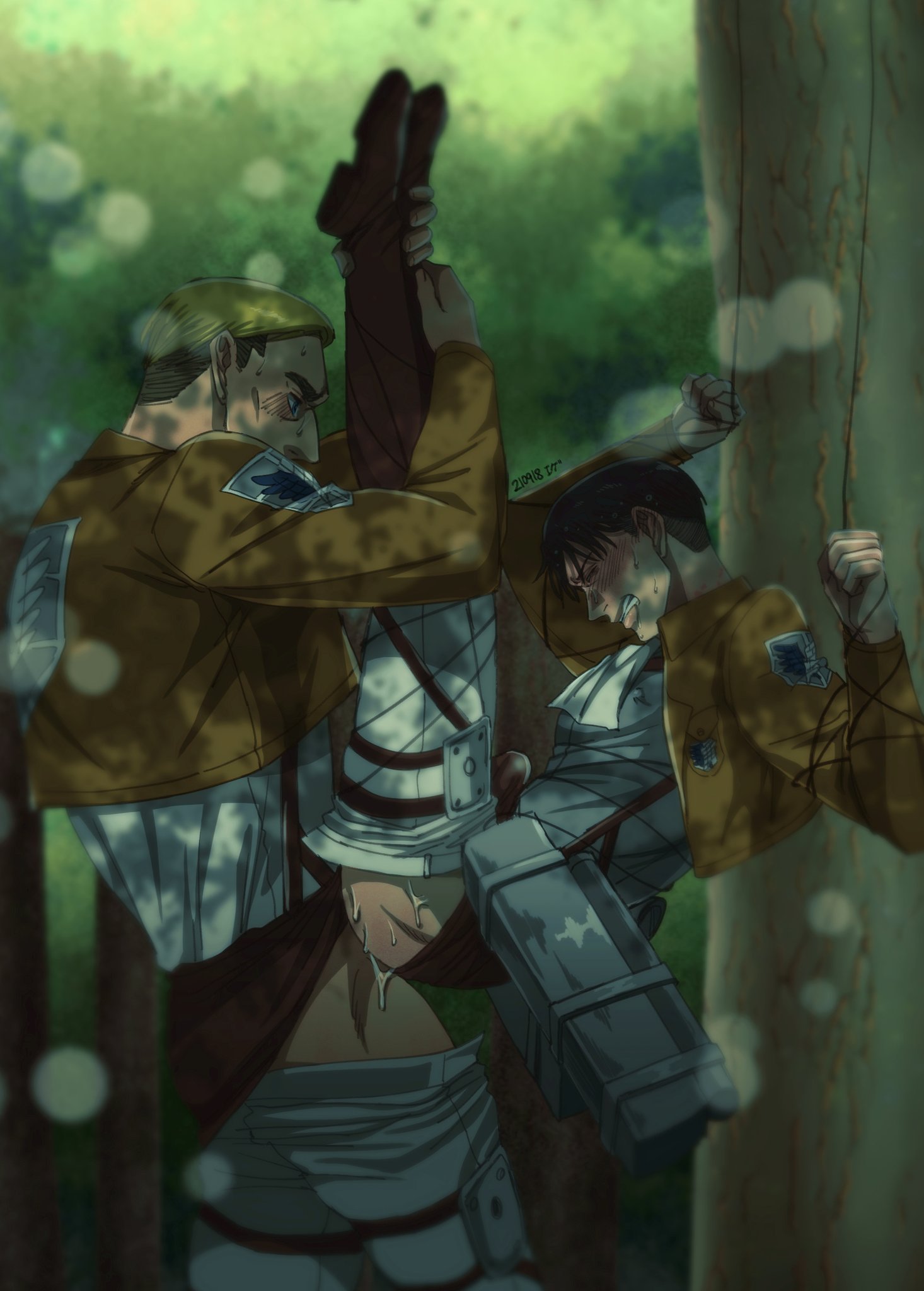 2boys, anal, anal sex, attack on titan, blonde hair, blush, bodily fluids, boots, closed eyes, clothing, erwin smith, gay, gritted teeth, hands tied, hands up, leg lift, legs up, levi, levi ackerman, lifting leg, male, male only, male penetrating, male penetrating male, male/male, military uniform, outdoors, outside, penetration, ru133088475, shingeki no kyojin, standing, suspension, tied hands, tied up, uniform, yaoi