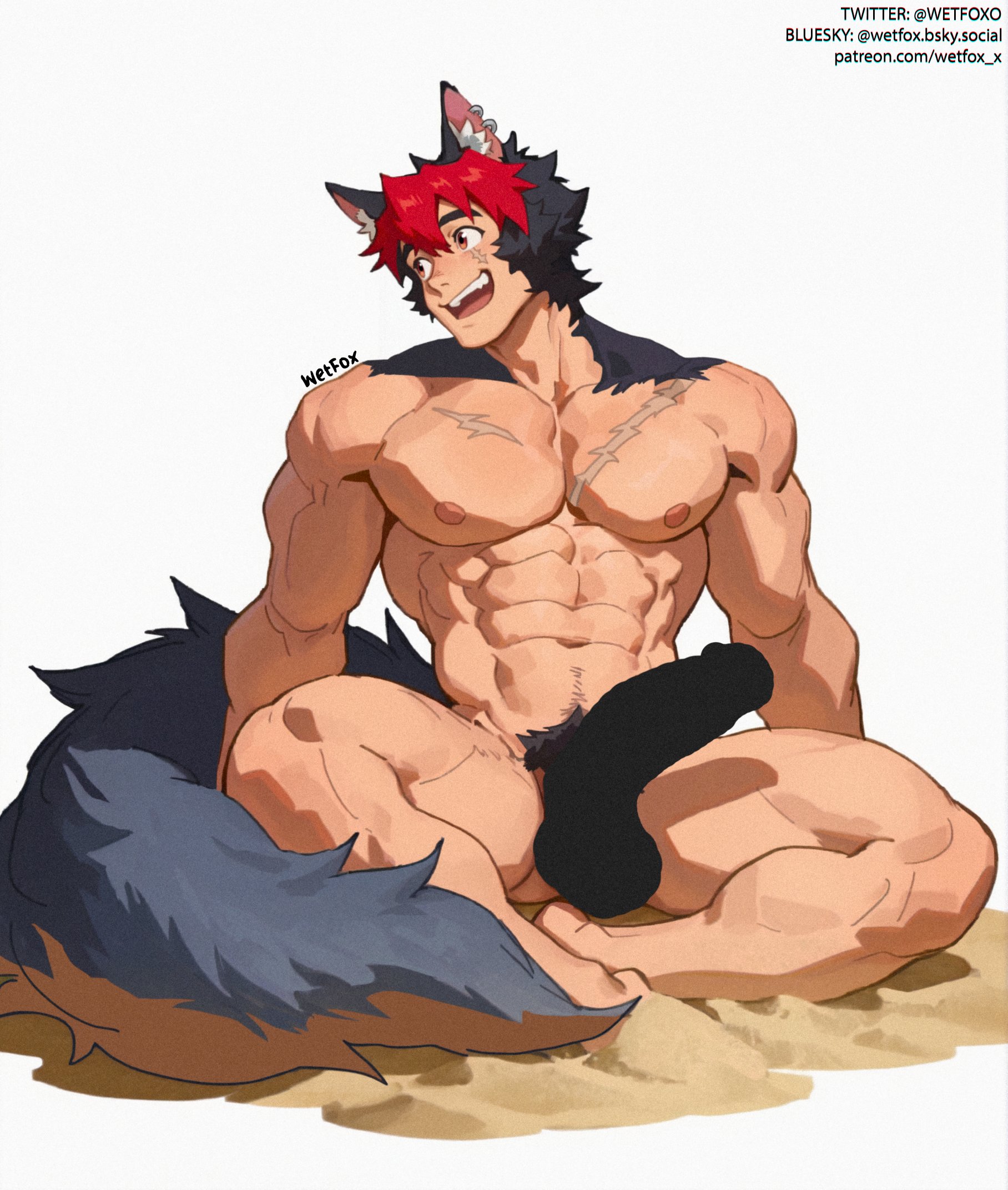 1boy, abs, ai generated, balls, bara, beach, big pecs, black hair, blush, censored, detailed, erection, kemonomimi, komano manato, male, male focus, male only, naked, nipples, nude, patreon, patreon exclusive, pecs, penis, red hair, retracted foreskin, scar, scars, smiling, spread legs, tail, thick legs, thick penis, thick thighs, wetfoxo, zenless zone zero