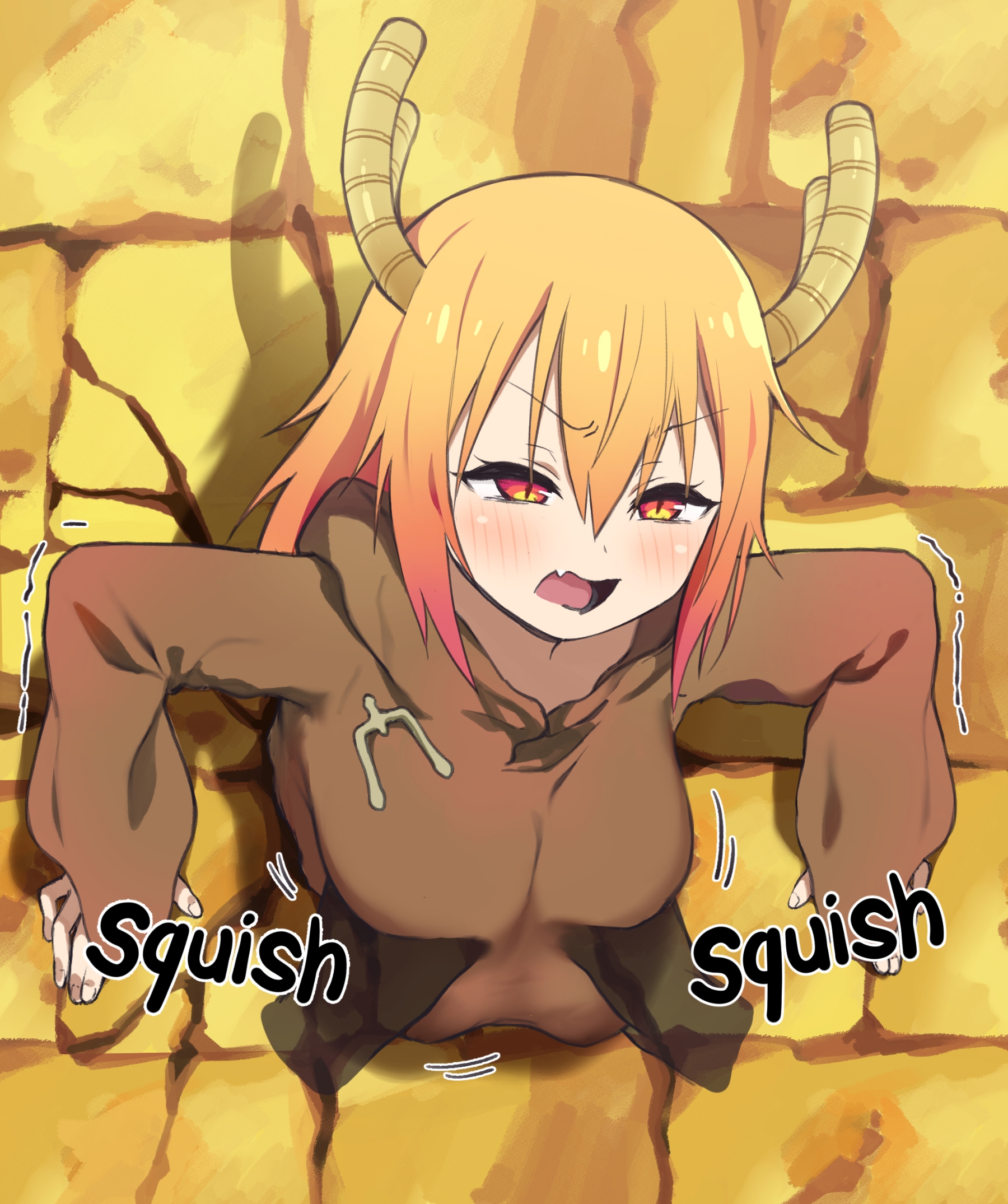 big breasts, breast grab, breast squeeze, breasts, female, female only, imminent guro, large breasts, mayo, miss kobayashi's dragon maid, stuck, stuck in wall, through wall, tohru (dragon maid)
