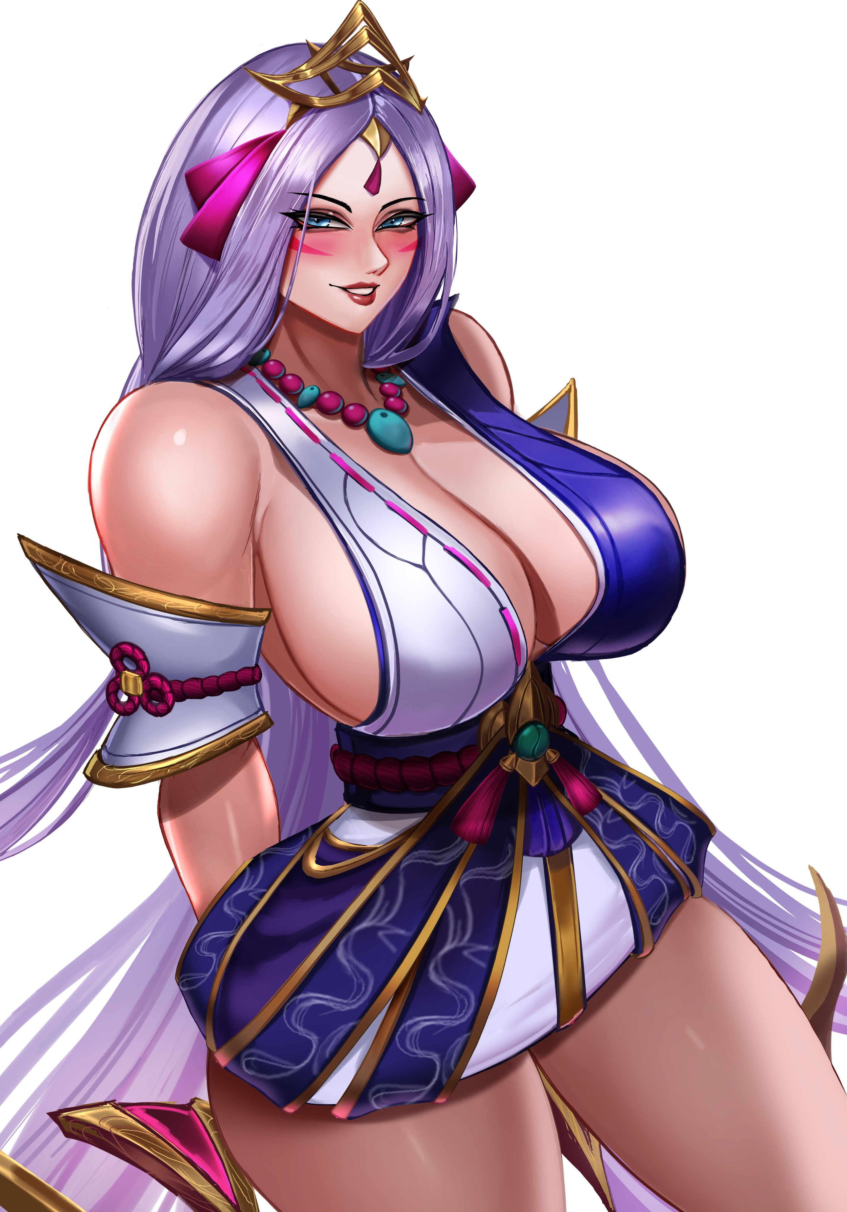 1girls, 2025, ashe (league of legends), badcompzero, big breasts, blue eyes, blush, cleavage, clothed, clothed female, clothing, female, female only, league of legends, looking at viewer, pale skin, pale-skinned female, purple hair, riot games, spirit blossom ashe, spirit blossom series, tagme, thick thighs, white background