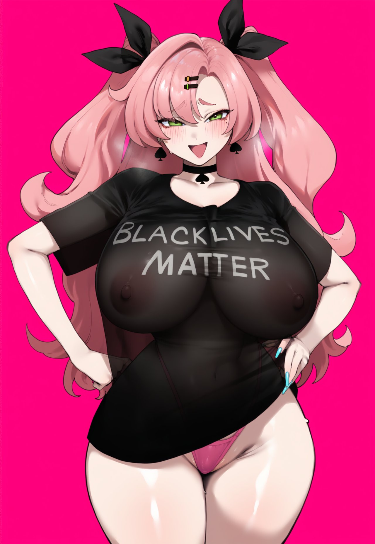 1girls, ai generated, black lives matter, blacked, blush, breasts, choker, female, grin, hips, huge breasts, interracial, light skin, light-skinned female, looking at viewer, mihoyo, nicole demara, nipples, pink hair, smile, sweat, sweatdrop, thick thighs, thighs, truck kun, truck-kun art, ugly, voluptuous, voluptuous female, wide hips, zenless zone zero