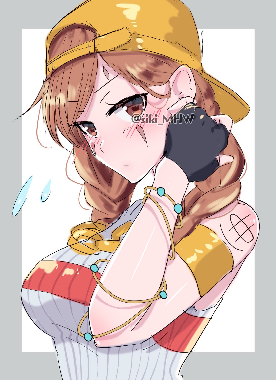 1girls, aura (fortnite), blush, braided twintails, brown eyes, brown hair, cute, dark skin, dark-skinned female, epic games, female, fingerless gloves, fortnite, ginger, hat, orange eyes, orange hair, petite, purple eyeshadow, siki mhw, twintails