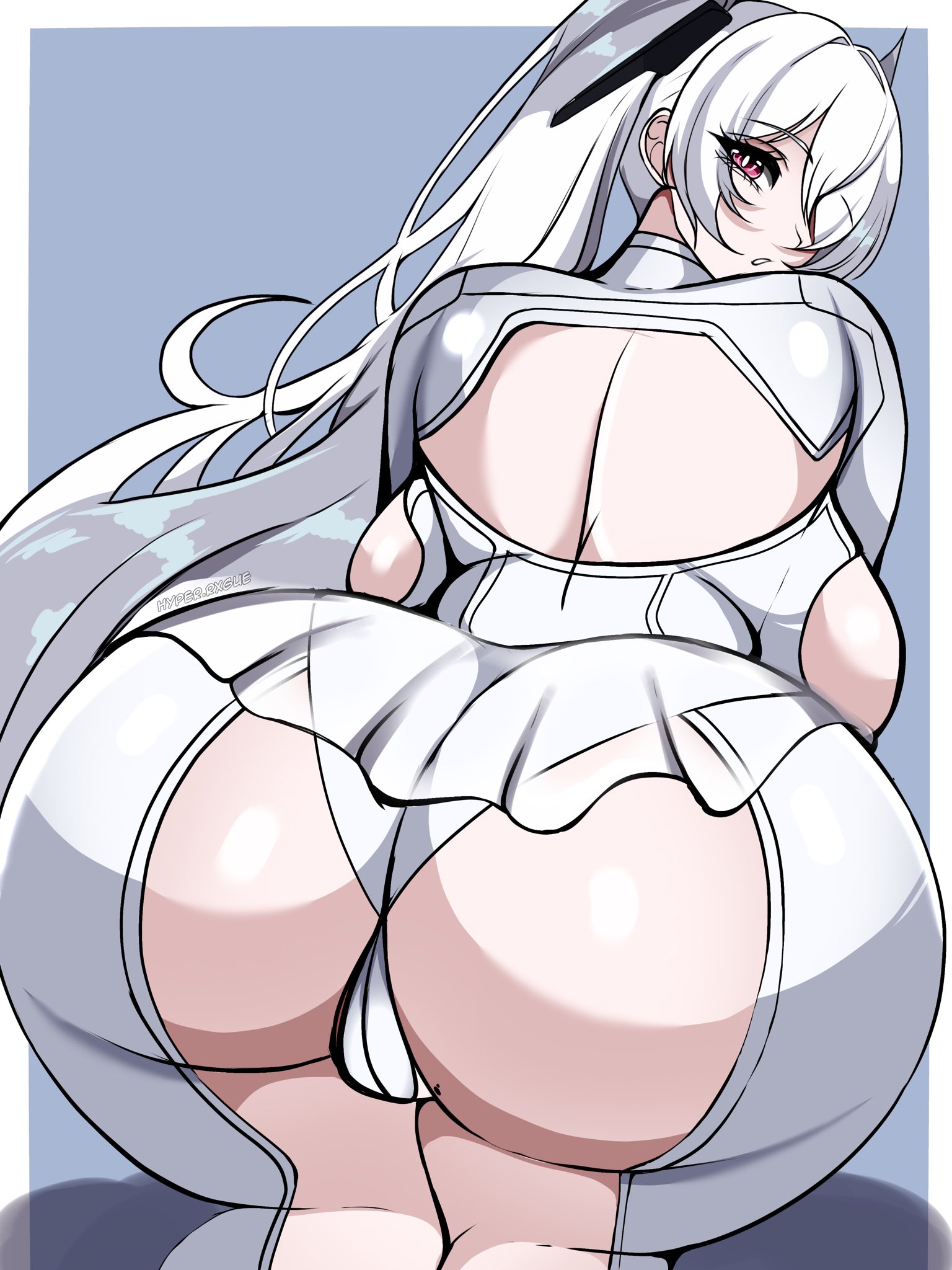 1girls, ass, ass focus, big ass, big breasts, breasts, bubble butt, cinderella (nikke), fat ass, female, female only, gluteal fold, goddess of victory: nikke, huge ass, hyperrxgue, large ass, looking at viewer, looking back, massive ass, rear view, red eyes, solo, thick ass, thick thighs, thunder thighs, white hair, wide hips