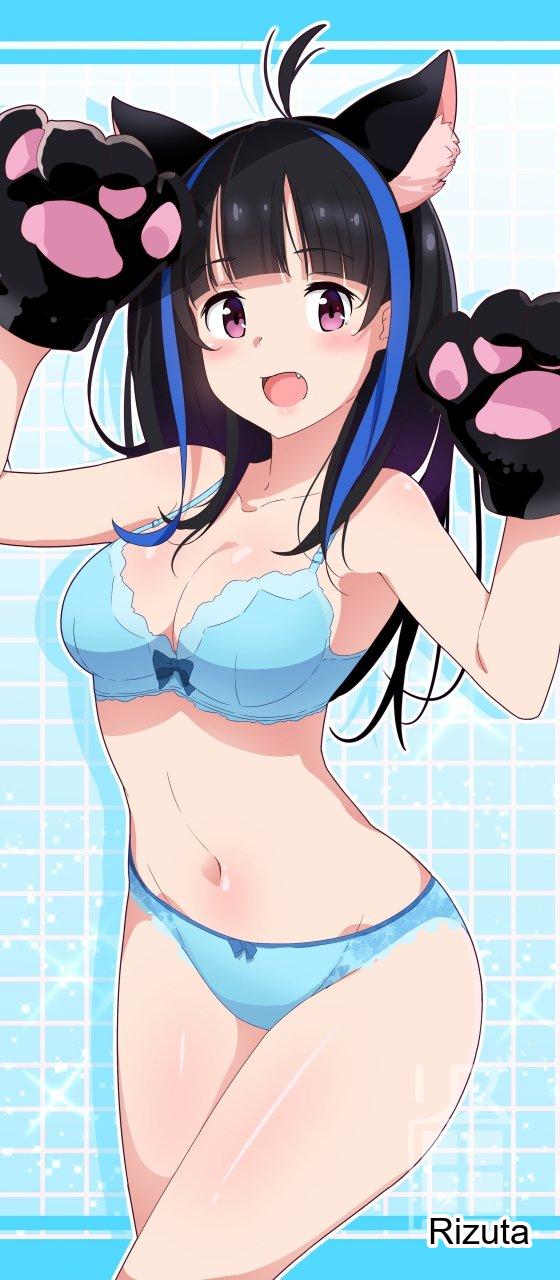 1girls, 2d, 2d (artwork), 2d artwork, ahoge, animal ear fluff, animal ears, arm up, arms up, bare armpits, bare arms, bare belly, bare chest, bare hands, bare hips, bare legs, bare midriff, bare navel, bare shoulders, bare skin, bare thighs, belly, belly button, big breasts, black hair, black-haired female, blue background, blue bra, blue hair, blue panties, blue underwear, blue-haired female, blunt bangs, blush, blush face, blushing at viewer, blushing female, bra, breasts, busty, busty female, busty girl, busty teen, cleavage, collarbone, curvaceous, curvaceous body, curvaceous female, curvaceous figure, curvaceous hips, curvaceous teen, curvy, curvy body, curvy female, curvy figure, curvy hips, curvy teen, digital, digital art, digital drawing, digital drawing (artwork), digital media, digital media (artwork), elbows, exposed armpits, exposed arms, exposed belly, exposed chest, exposed hips, exposed legs, exposed midriff, exposed navel, exposed shoulders, exposed skin, exposed thighs, eyebrows visible through hair, female, female focus, female only, groin, half naked, half nude, hand up, hands up, high resolution, high school student, highres, hourglass figure, kanojo okarishimasu, large boobs, large breasts, lean figure, legs closed, legs together, linea alba, long hair, looking at viewer, midriff, multicolored hair, naked, naked female, naked woman, narrow waist, navel, nude, nude female, nudity, open mouth, panties, parted lips, plump breasts, purple eyes, purple-eyed female, ribbon bra, ribbon panties, rizuta, school girl, semi nude, shoulders, simple background, slender body, slender waist, slim waist, solo, standing, stomach, teen girl, teenage girl, teenage tits, teenager, thick thighs, thighs, thighs together, tongue, underwear, underwear only, upper body, wide hips, yaemori mini, young female, young woman