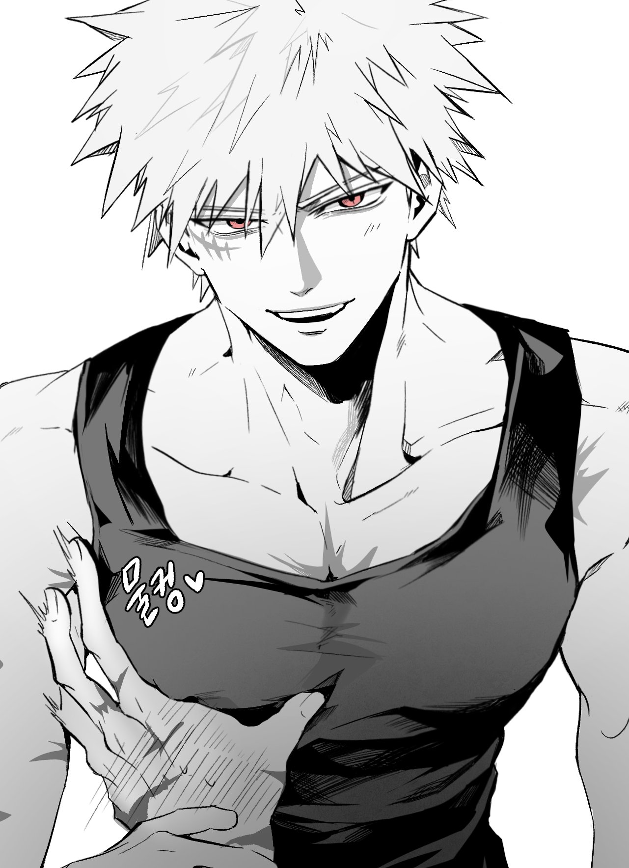 2boys, bakugou katsuki, biceps, black tank top, blush, boku no hero academia, broad shoulders, detailed, gay, izuku midoriya, katsuki bakugou, kingxxxx715, light skin, light-skinned male, looking at viewer, male, male only, male/male, monochrome, muscular, muscular male, my hero academia, narrowed eyes, nervous, pecs, scar, seductive, smiling, spiky hair, tank top, tight clothing
