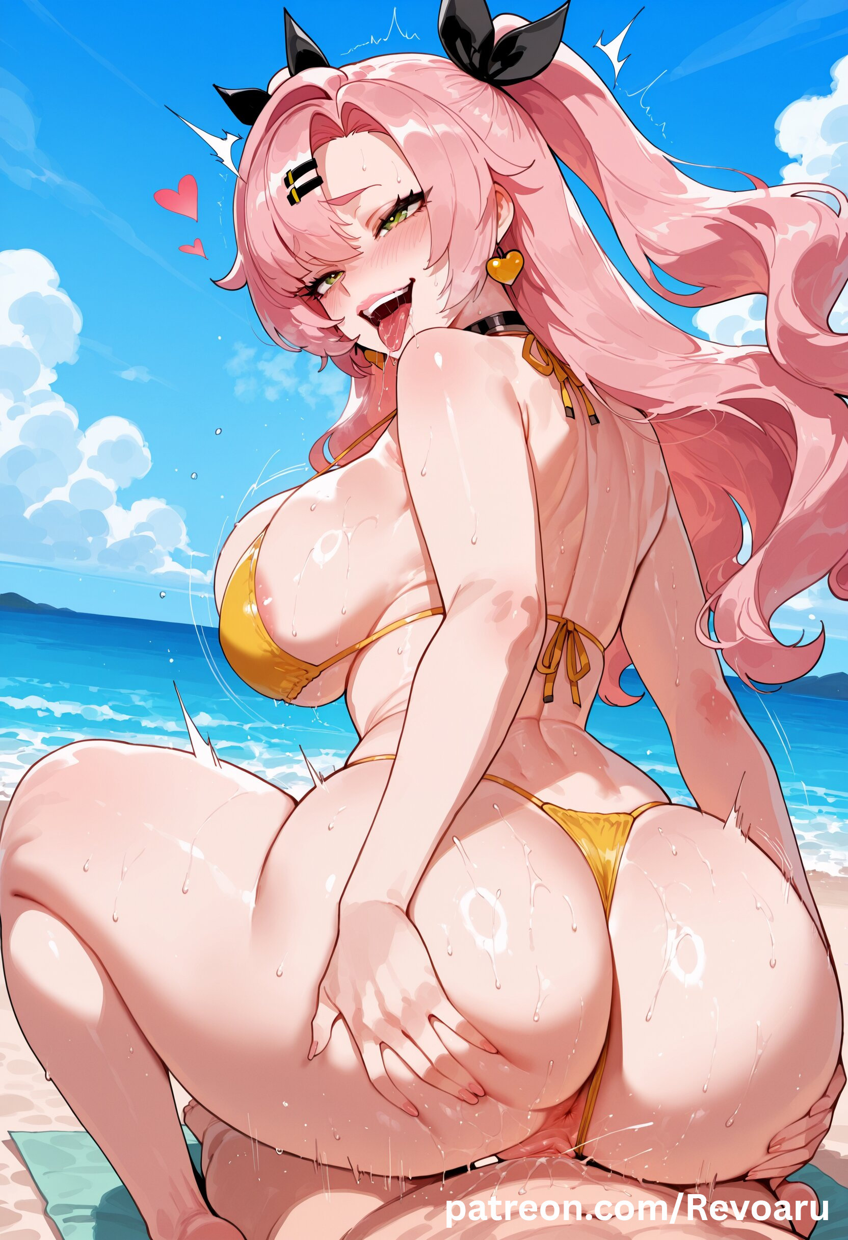 ai generated, ass, ass grab, beach, big ass, big breasts, bikini, breasts, cowgirl, cowgirl pose, cowgirl position, female, gold bikini, hoyoverse, huge ass, huge breasts, mature, mature female, nicole demara, nipples, penetrarion, pink hair, quality, reverse cowgirl position, revoaru, sex, solo, thick thighs, thighs, twintails, zenless zone zero