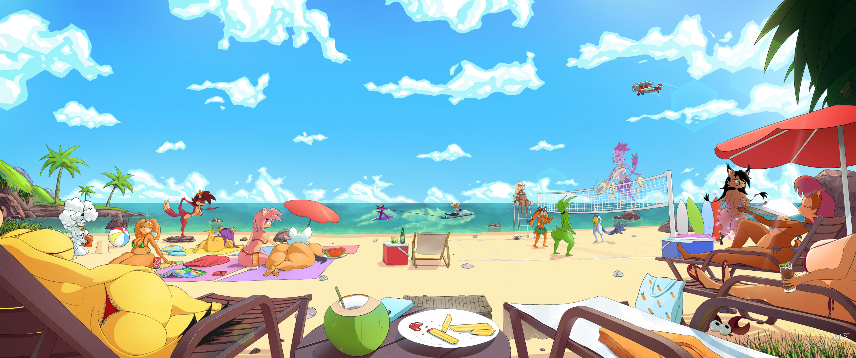 amy rose, beach, beach chair, beer, bikini, blaze the cat, bunnie rabbot, calm, chilling, chubby female, clouds, fat, fat ass, fat tits, female only, fiona fox, first person perspective, first person view, friends, fries, furry, furry only, high resolution, highres, honey the cat, horizon, ic-icle, jetski, lanolin the sheep, lens flare, mina mongoose, multiple girls, nicole the lynx, ocean, palm tree, pov, rear view, relaxed expression, relaxing, rouge the bat, sally acorn, sand castle, sega, sonic (series), sonic adventure, sonic the hedgehog (archie), sonic the hedgehog (comics), sonic the hedgehog (idw), sonic the hedgehog (series), sticks the badger, sunbathing, sunflare, surfing, surge the tenrec, tangle the lemur, tikal the echidna, vanilla the rabbit, volleyball, wave the swallow, whisper the wolf, yoga