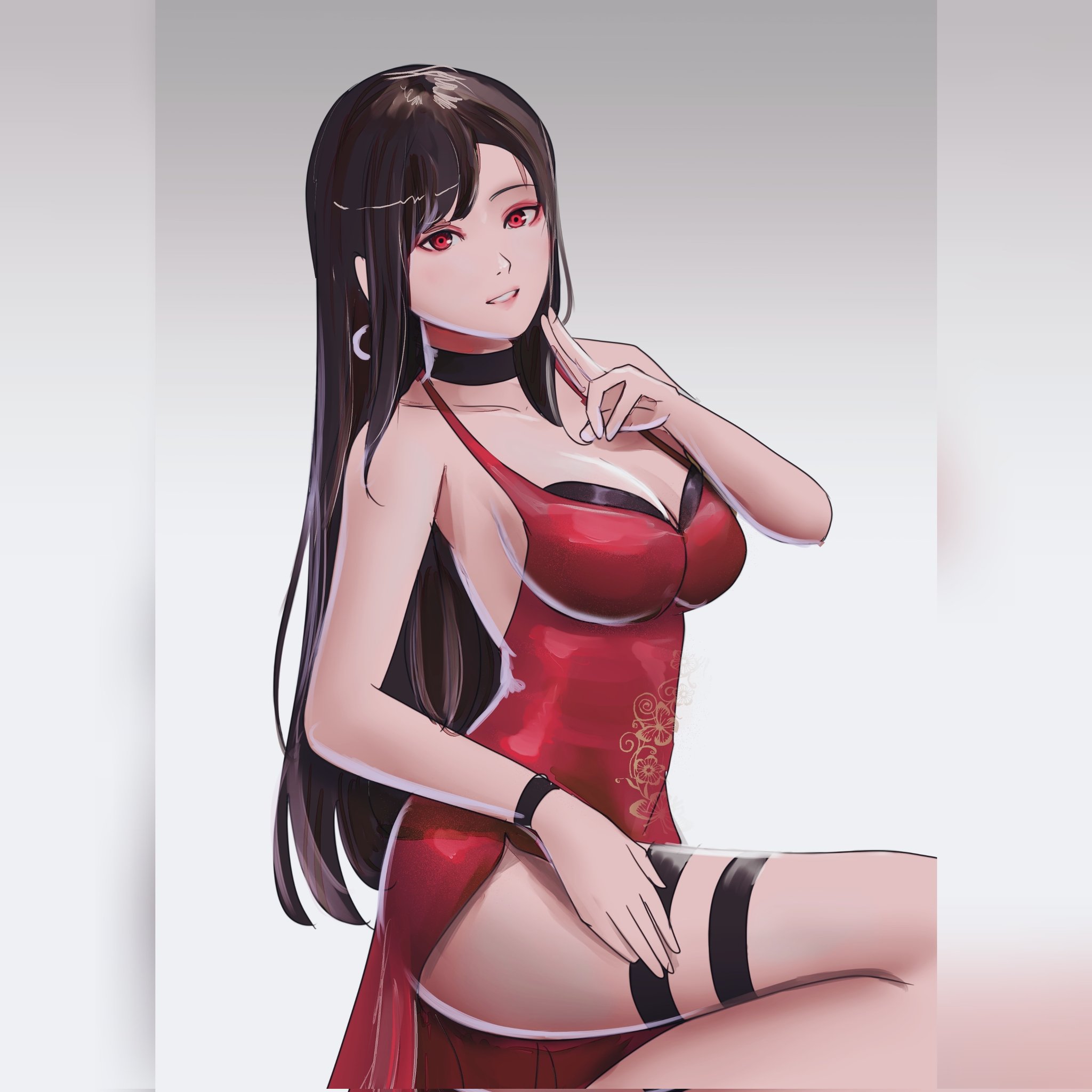 ada wong (cosplay), alternate costume, big breasts, black hair, breasts, capcom, commentary, corrupted twitter file, cosplay, dress, english commentary, female, final fantasy, final fantasy vii, finger to mouth, highres, kuji-in, large breasts, long hair, notgustiarp, parted lips, red dress, red eyes, resident evil, resident evil 4, solo, square enix, straight hair, taut clothes, taut dress, thigh strap, thighs, tifa lockhart