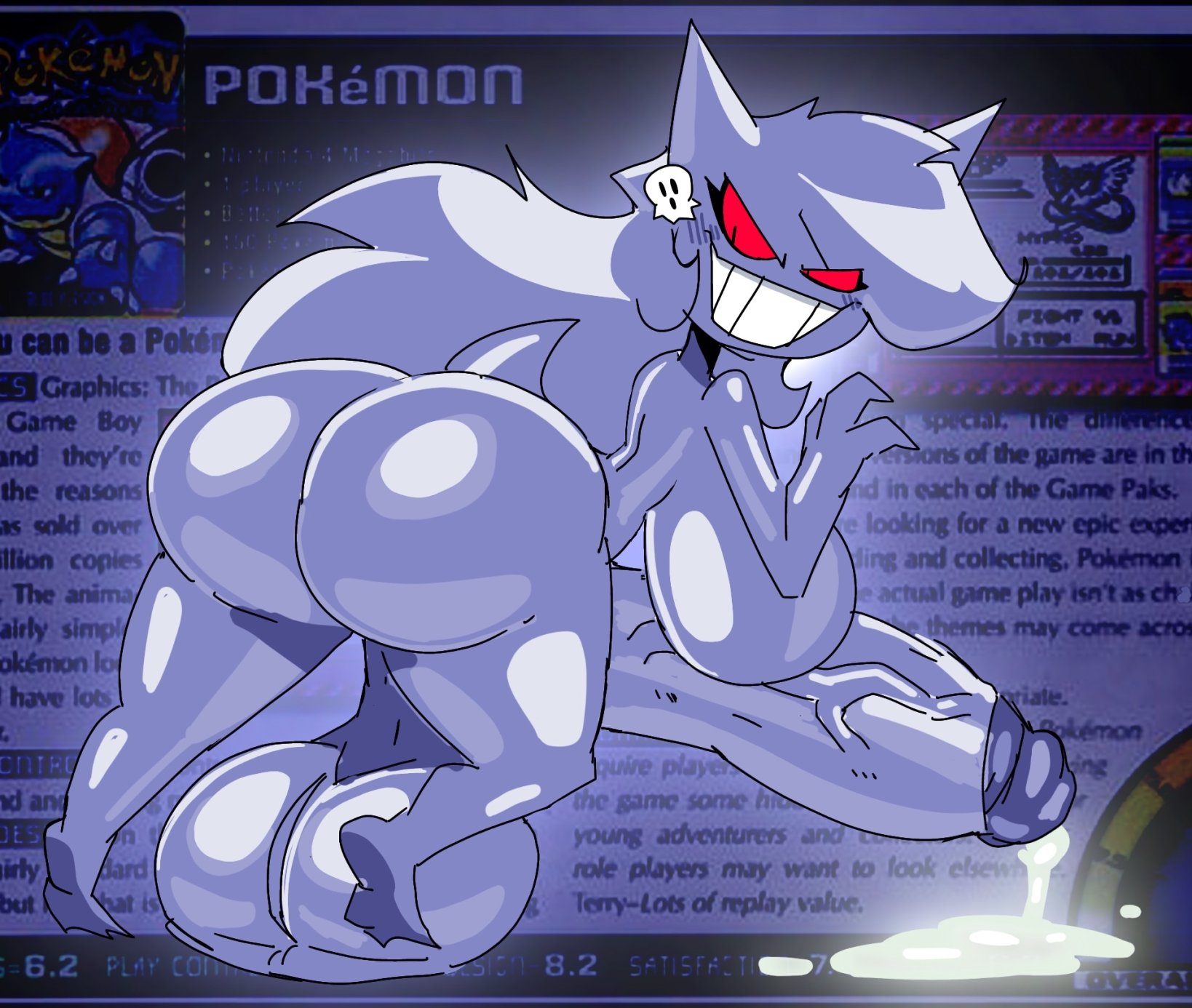 1dickgirl, 1futa, 2d, 2d animation, blush, cum, cum on floor, cumming, futa only, futanari, gengar, giselle (tomfoolery), huge ass, huge breasts, huge cock, intersex, intersex only, pokemon, pokemon (species), purple body, purple skin, red eyes, smile, smiling, tomfooleryarts, trans woman, transfem