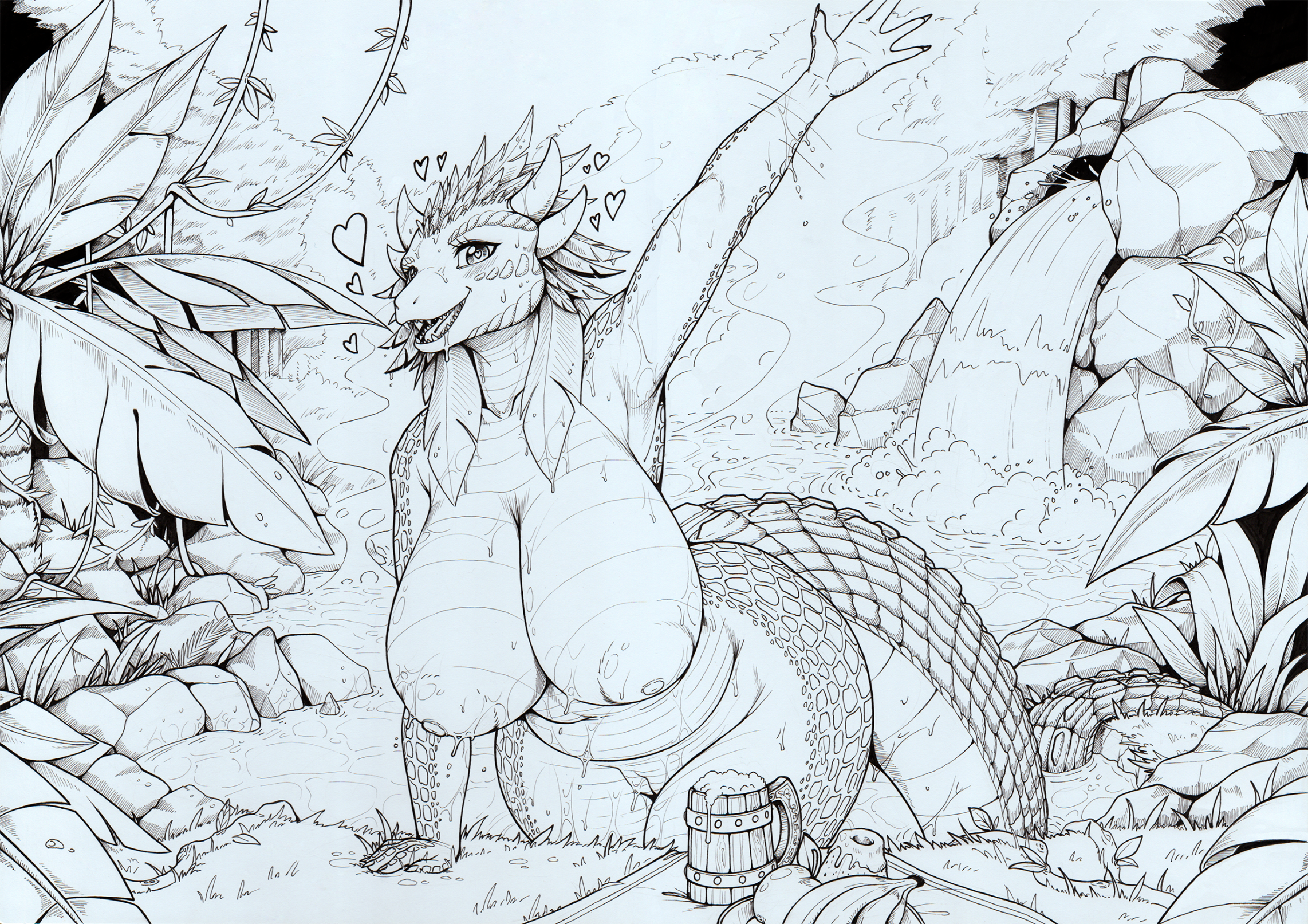 5 fingers, anthro, argonian, beverage, big breasts, breasts, curvy figure, female, fingers, food, genitals, heart eyes, heart symbol, hi res, huge breasts, longinius, microsoft, monochrome, navel, nipples, non-mammal breasts, non-mammal nipples, nude, open mouth, outside, partially submerged, scalie, slightly chubby, solo, tail, teeth, the elder scrolls, thick thighs, tongue, traditional media (artwork), voluptuous, vulva, water, wet, wide hips