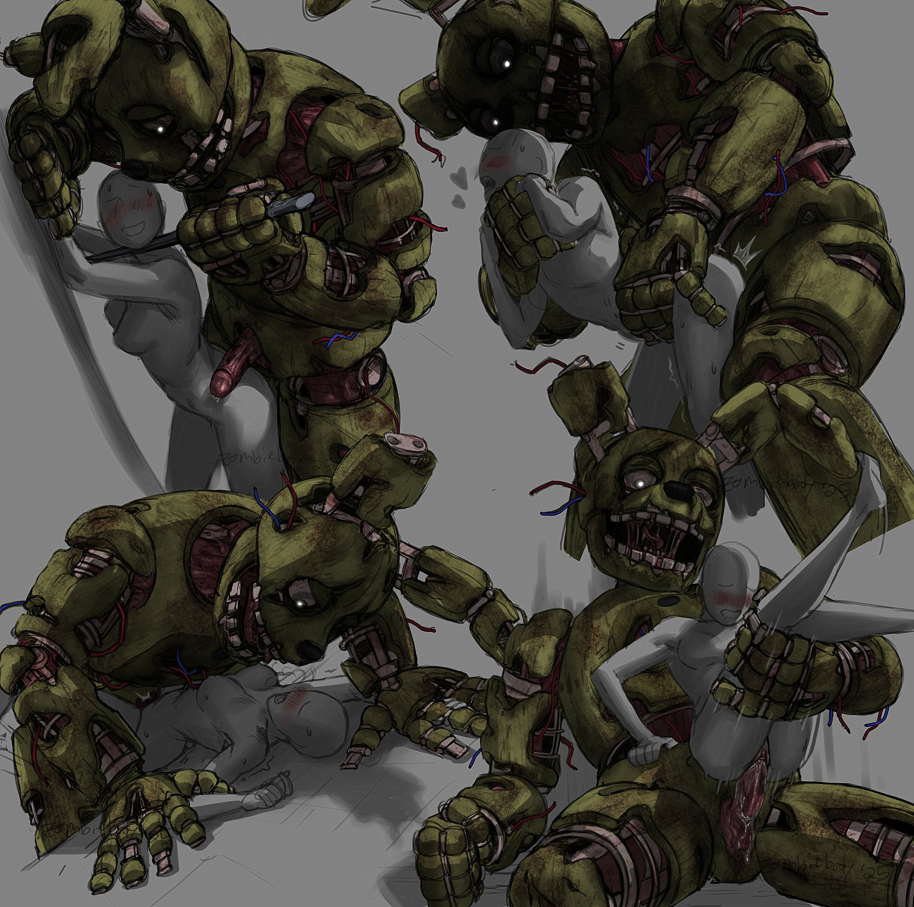 1boy, 1girls, animatronic, anonymous female, artist signature, big penis, bigger male, female, five nights at freddy's, human, larger male, male/female, manly, mature, mature male, muscular, muscular male, penis, piratecashoo, sex, shorter female, smaller female, springtrap (fnaf), straight, tagme, taller male, toned, toned body, toned male, wide shoulders, zombie