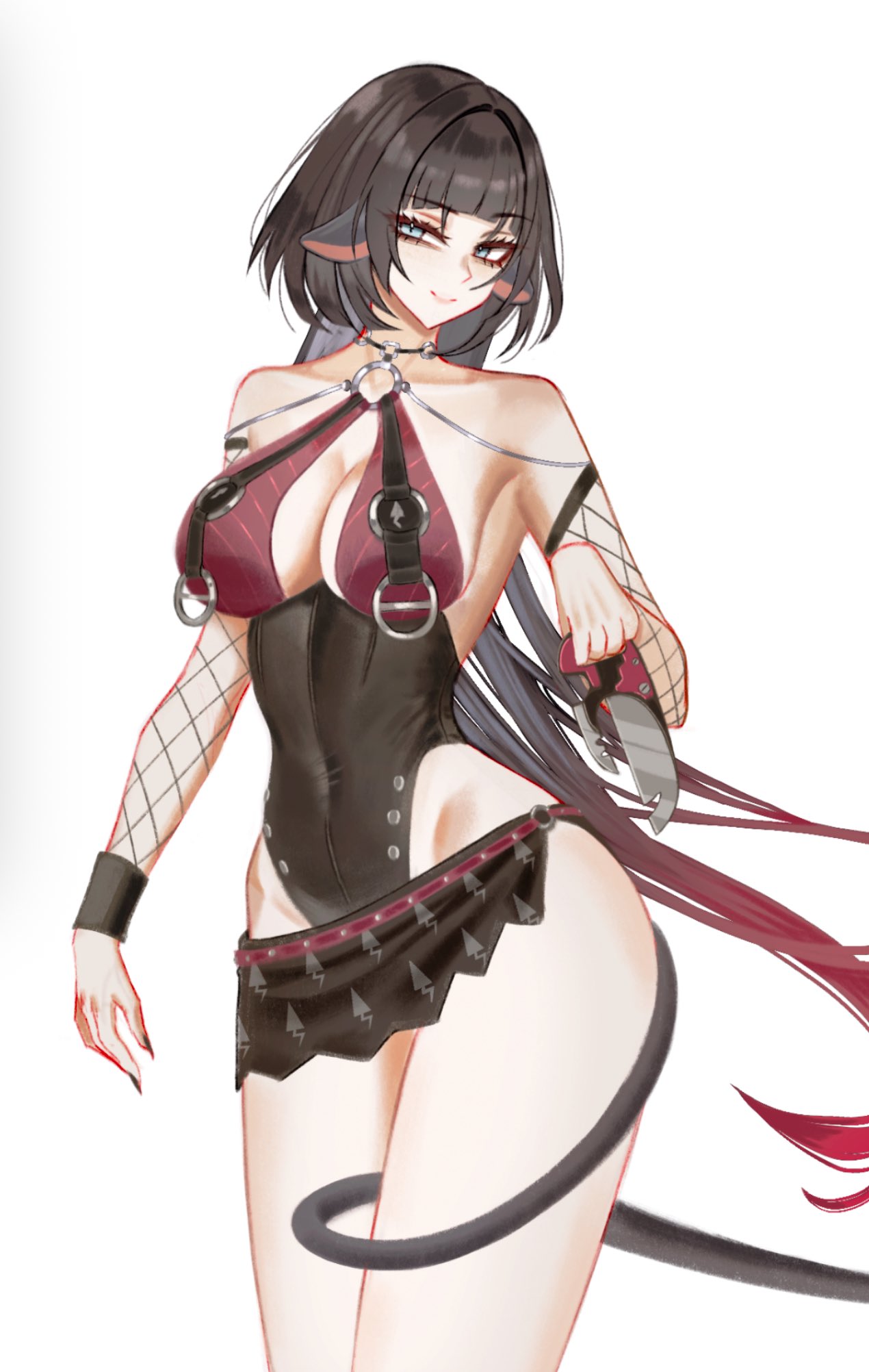 1girls, 2025, animal ears, bare shoulders, belt, black hair, black leotard, blunt bangs, bodysuit, breasts, choker, cleavage, clothing cutout, collar, cowboy shot, cross halter, curvy, detached sleeves, digital media (artwork), eyeliner, female, female only, fishnet sleeves, fishnets, green eyes, halter neck, harness, high-leg leotard, holding, holding knife, holding weapon, hourglass figure, hoyoverse, jane doe (nocturne of light) (zenless zone zero), jane doe (zenless zone zero), knife, large breasts, layered clothing, leotard, light skin, loincloth, long fingernails, long hair, long nails, long tail, looking at viewer, makeup, metal collar, metal ring, midriff, nail polish, narrow waist, navel, navel cutout, o-ring, official alternate costume, painted fingernails, painted nails, pale skin, portrait, prehensile tail, rat cut, rat ears, rat girl, rat tail, revealing clothes, s7nsles, sharp fingernails, sideboob, silver hardware, simple background, skimpy clothes, skirt, smile, smirk, solo, standing, straps, studs, tail, thick thighs, underboob, voluptuous, weapon, white background, wide hips, wrist cuff, wristbands, zenless zone zero