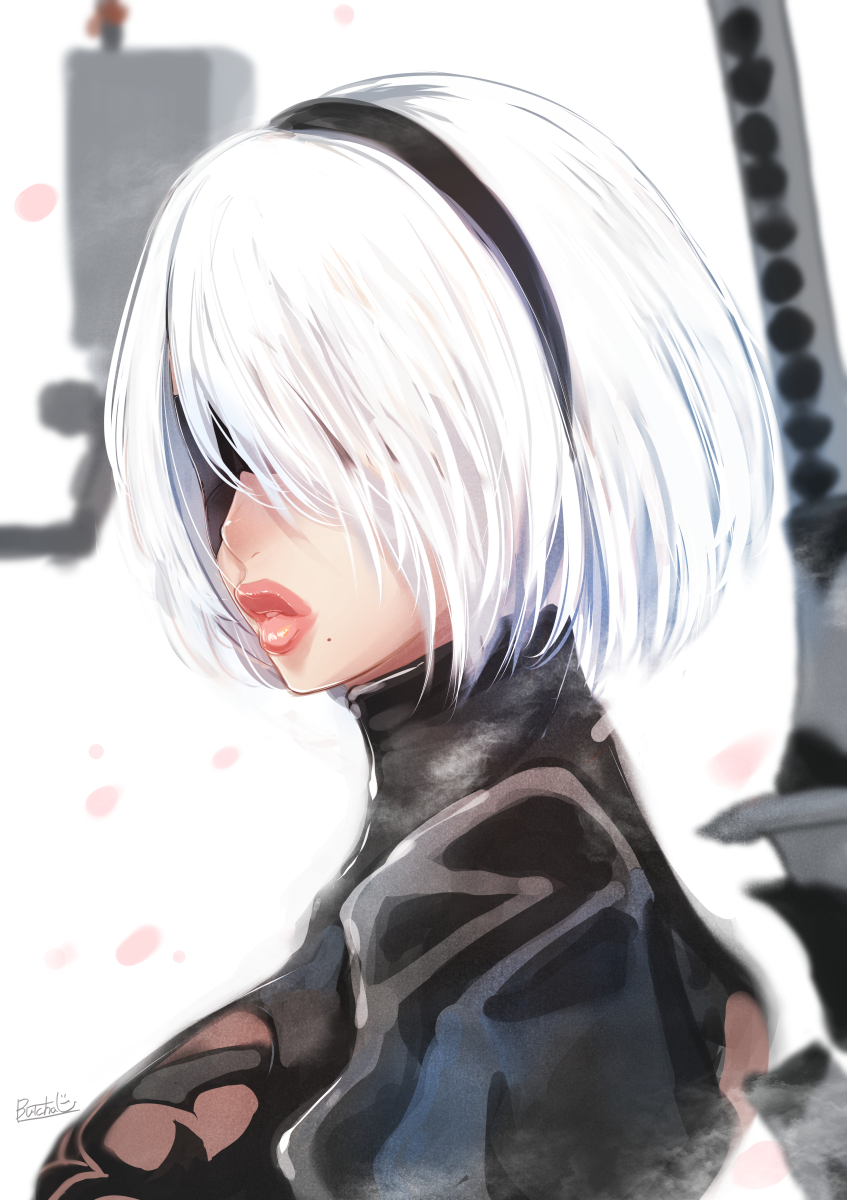 1other, artist name, asymmetrical bangs, big breasts, black dress, black hairband, blindfold, breasts, butcha-u, dress, female, hairband, highres, katana, large breasts, lips, mole, mole under mouth, nier, nier (series), nier: automata, pod (nier), robot, short hair, signature, solo focus, sword, thick lips, traditional media, upper body, weapon, white hair, yorha 2b