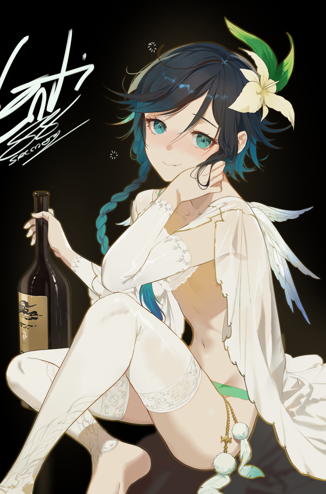 1boy adult angel barely_clothed black_hair blue_eyes blue_hair blush femboy genshin_impact lace male_only midriff navel nipples pale-skinned_femboy pale-skinned_male salmon88 shirtless teal_eyes teal_hair thighhighs thighs trap underwear venti_(genshin_impact) wings