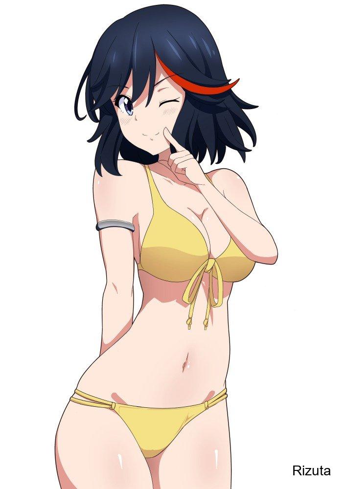 1girls, 2d, 2d (artwork), 2d artwork, alternate version at source, alternate version available, arm behind back, bare arms, bare belly, bare chest, bare hands, bare hips, bare legs, bare midriff, bare navel, bare shoulders, bare skin, bare thighs, belly, belly button, bikini, bikini bottom, bikini only, bikini top, black hair, black-haired female, blue eyes, blue-eyed female, breasts, busty, busty female, busty girl, busty teen, cleavage, closed mouth smile, collarbone, curvaceous, curvaceous body, curvaceous female, curvaceous figure, curvaceous hips, curvaceous teen, curvy, curvy body, curvy female, curvy figure, curvy hips, curvy teen, digital, digital art, digital drawing, digital drawing (artwork), digital media, digital media (artwork), elbows, exposed arms, exposed belly, exposed chest, exposed hips, exposed legs, exposed midriff, exposed navel, exposed shoulders, exposed skin, exposed thighs, eye closed, female, female focus, female only, fingers, front-tie bikini, front-tie bikini top, groin, hair between eyes, halterneck, hand behind back, head tilt, high resolution, high school student, highres, hourglass figure, kill la kill, lean figure, legs closed, legs together, looking at viewer, matoi ryuuko, medium breasts, medium hair, midriff, more at source, narrow waist, navel, one eye closed, one eye open, red hair, red-haired female, rizuta, school girl, shoulders, simple background, slender body, slender waist, slim waist, smile, smiley face, smiling, smiling at viewer, smirk, solo, standing, string bikini, swimsuit, swimwear, teen girl, teenage girl, teenage tits, teenager, thick thighs, thighs, thighs together, tilted head, upper body, white background, wide hips, wink, winking, winking at viewer, winking eye, yellow bikini, yellow bikini bottom, yellow bikini top, yellow swimsuit, yellow swimwear, young female, young woman