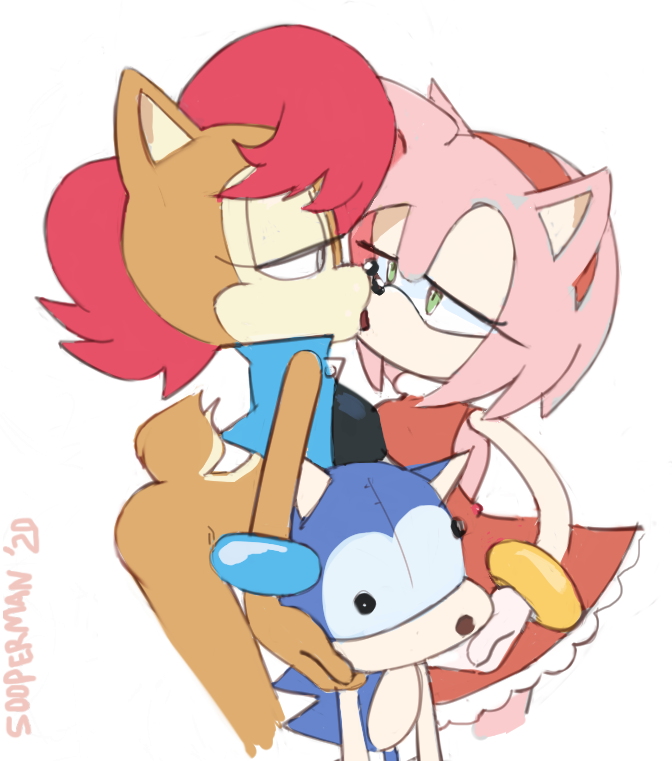 amy rose, brown fur, furry, kissing, mobian, mobian (species), mobian chipmunk, mobian hedgehog, pink fur, red hair, sally acorn, sonic (series), sonic the hedgehog, sonic the hedgehog (archie), sonic the hedgehog (comics), sonic the hedgehog (series), sooperman, yuri