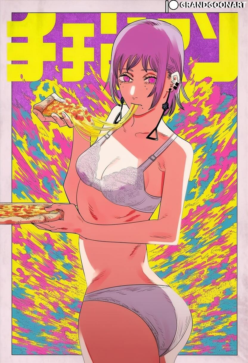 accurate art style, ai generated, bare thighs, big ass, big butt, bra, chainsaw man, death devil (chainsaw man), eating pizza, fat ass, grandgoonart, huge thighs, large breasts, light skin, light-skinned female, looking at viewer, manga page, panties, pink eyes, pizza, purple hair, short hair, shounen jump, solo female, thick body, thick female, thick thighs, thighs, voluptuous, voluptuous female