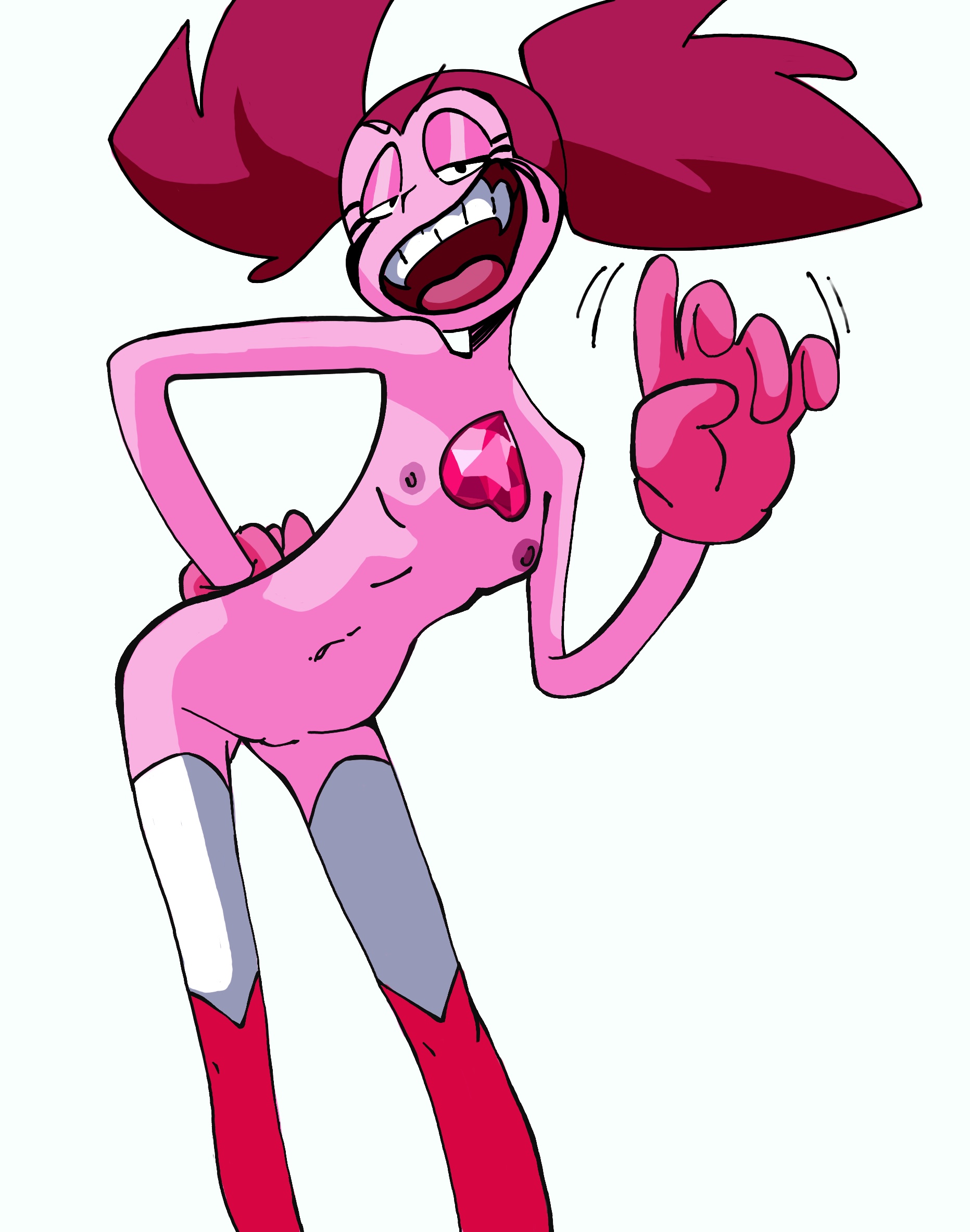 boots, coolerinker, female, functionally nude, gloves, grin, inkershike, mascara tears, naked footwear, navel, nude, nude female, pink gloves, pink hair, pink skin, pussy, small breasts, smug, spinel (steven universe), thighhighs, third-party edit, twintails