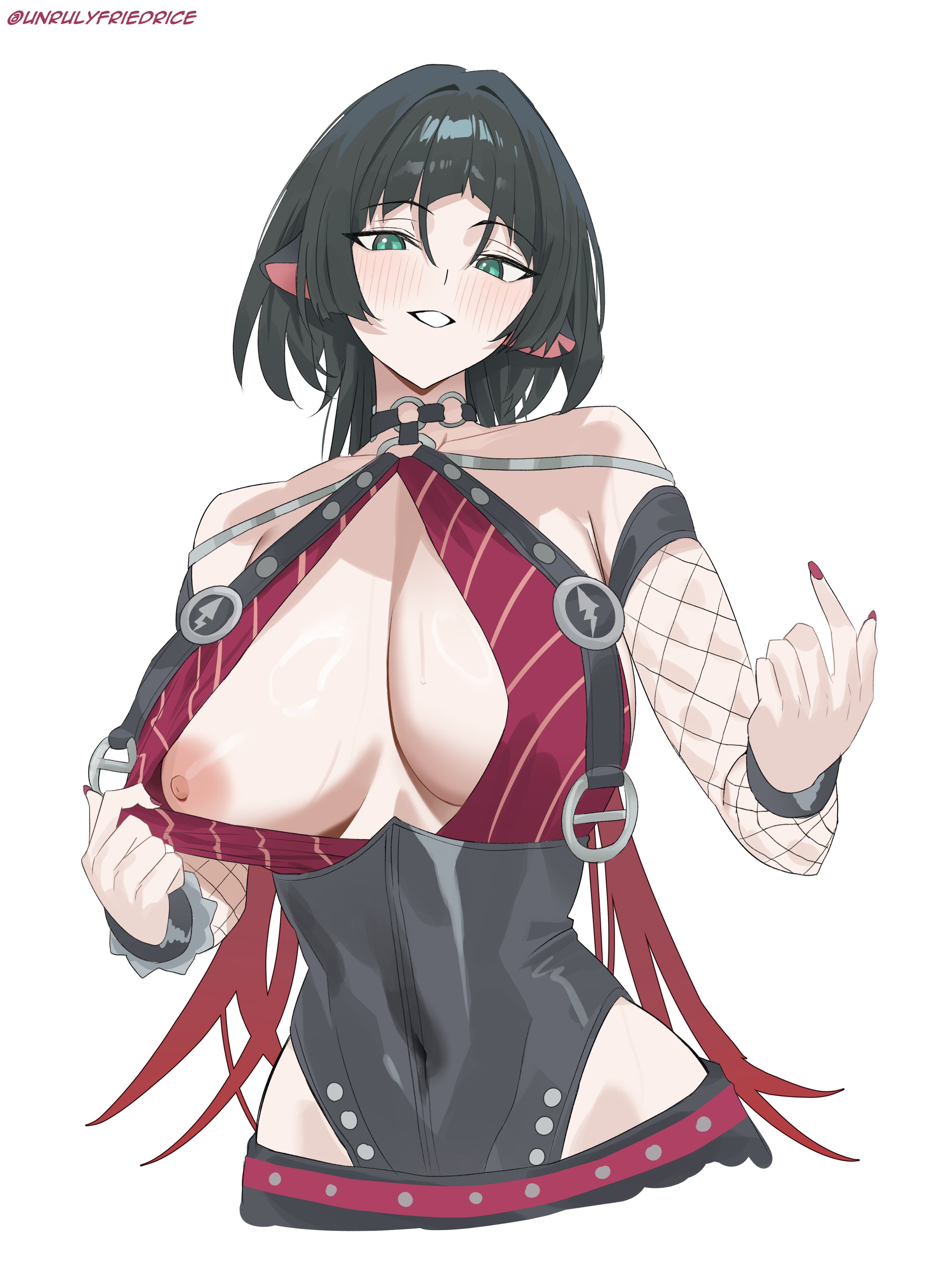 1girls, 2025, big breasts, big thighs, black background, breasts, choker, cleavage, clothing aside, color, colored, curvy figure, digital media (artwork), female, fishnets, flas, flashing, green eyes, hips, hourglass figure, hoyoverse, huge thighs, inviting, jane doe (nocturne of light) (zenless zone zero), jane doe (zenless zone zero), large areolae, large breasts, large thighs, legs, light skin, light-skinned female, mihoyo, multicolored hair, nipples, official alternate costume, one breast out, pink nipples, rat ears, rat girl, rat tail, red nails, showing breasts, simple background, smile, smiling, thick hips, thick legs, thick thighs, thighs, unrulyfriedrice, voluptuous, voluptuous female, waist, wide hips, wide thighs, zenless zone zero