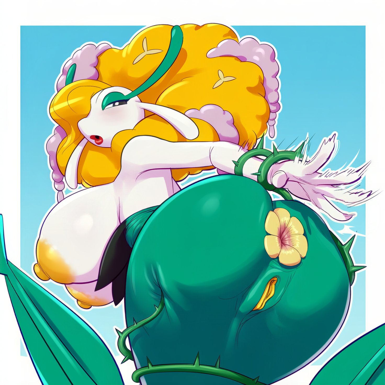 ai assisted, ai generated, anus, asshole, female, florges, flower, kokenaart, large breasts, lipstick, motion lines, nipples, plantigrade, pokemon, pokemon (species), pussy, solo, spanking, vines