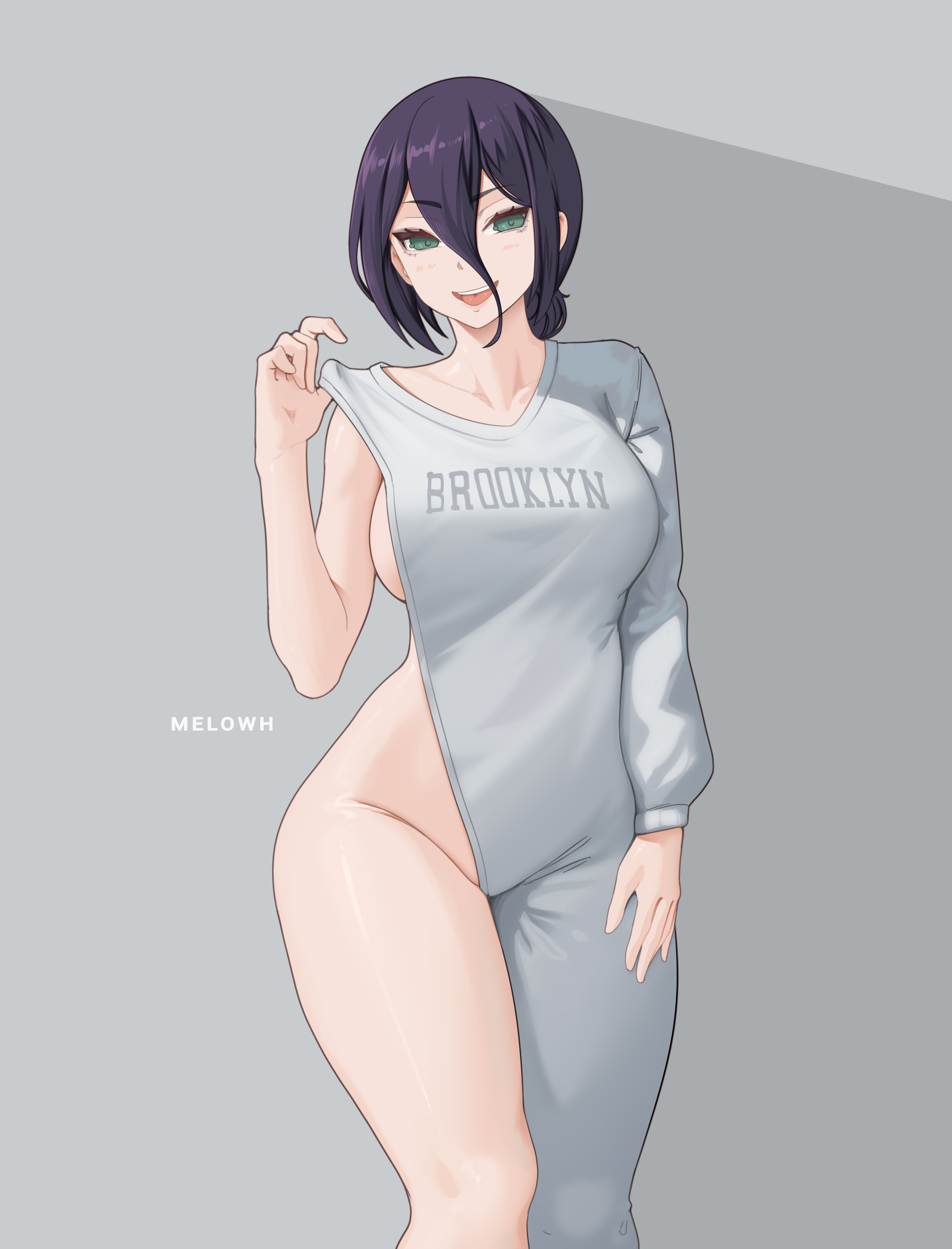 1girls, big breasts, brooklyn sweater, chainsaw man, female, female only, green eyes, hourglass figure, looking at viewer, melowh, partially clothed, ponytail, purple hair, reze (chainsaw man), smiling, standing, sweater, teeth showing, thick, thick thighs, thighs