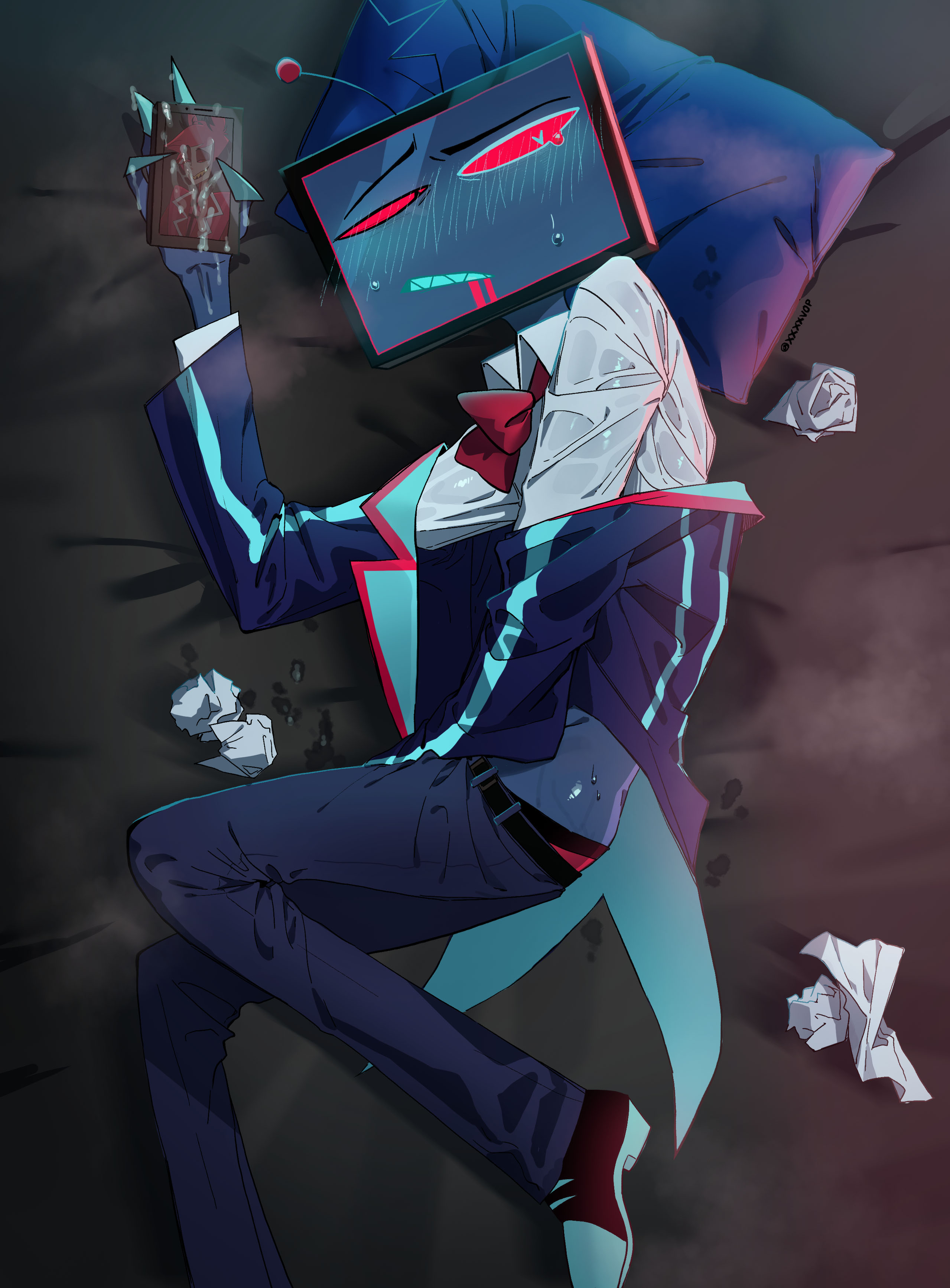 alastor (hazbin hotel), alone, hazbin hotel, jerking, jerking off, jerkingoff, masturbation, solo, solo focus, solo male, vox (hazbin hotel)