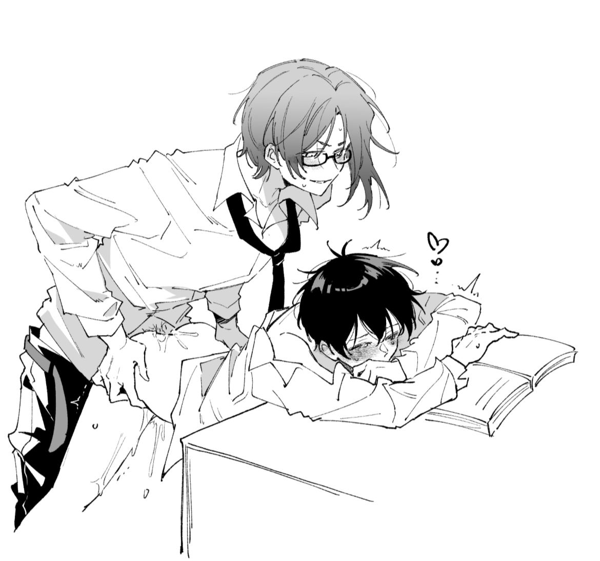 2boys, asian, asian male, ass, bending over, bent over, bent over table, blue lock, book, closed eyes, cum drip, cum leaking, cum on ass, cute, cute face, cute male, dominant male, enjoying, enjoying sex, fully clothed, fully clothed male, gay, gay male, gay sex, glasses, glasses on face, grabbing hips, half naked, half naked male, hands on hips, heart, hearts around head, isagi yoichi, looking down at partner, male ass, male butt, male dominating male, male domination, male penetrated, male penetrating, male penetrating male, maledom, malesub, mlm, no pants, penis in ass, reo mikage, submissive male, suit, suit and tie, weak resistance, yaoi