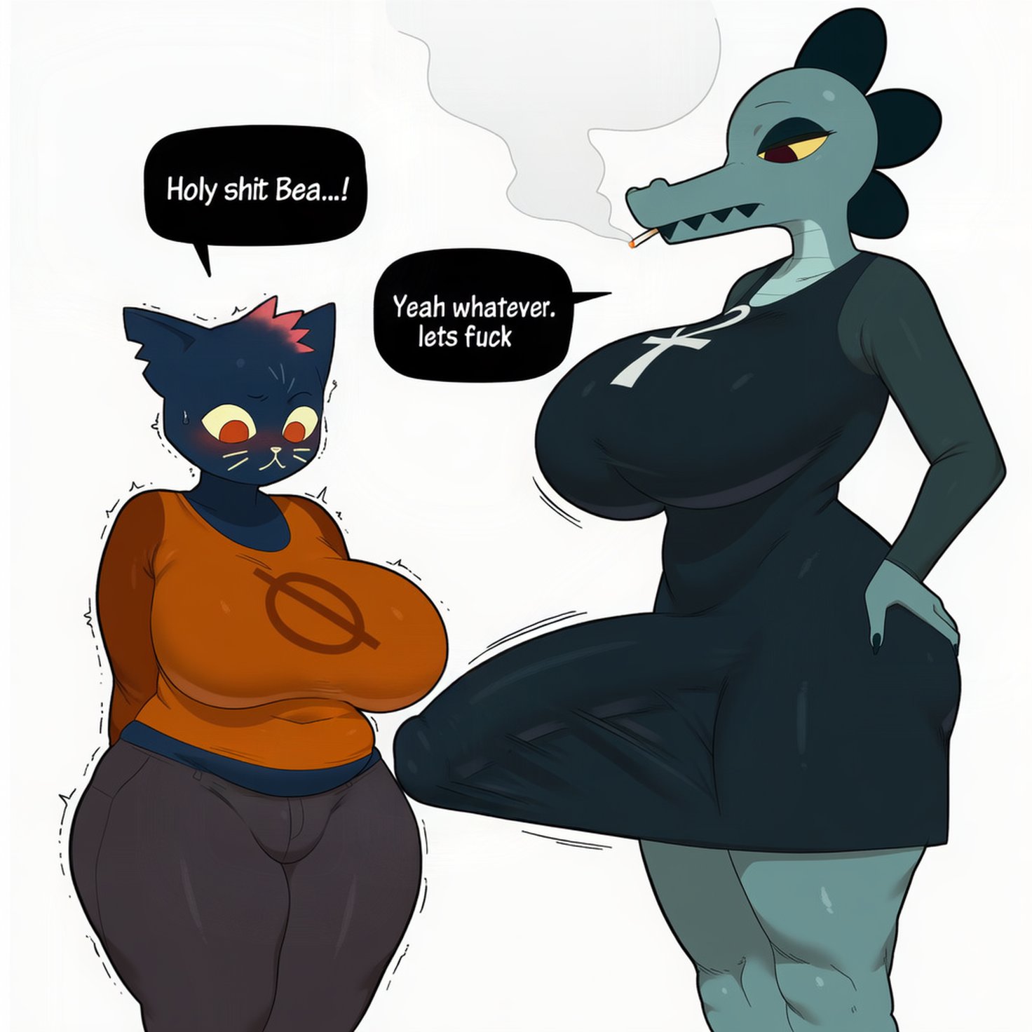 1girl1futa, 2girls, ai assisted, ai generated, bea santello, dress, english text, erection, fat ass, fat female, futanari, kokenaart, large breasts, large penis, mae borowski, night in the woods, no background, pants, penis awe, penis bulge, shirt