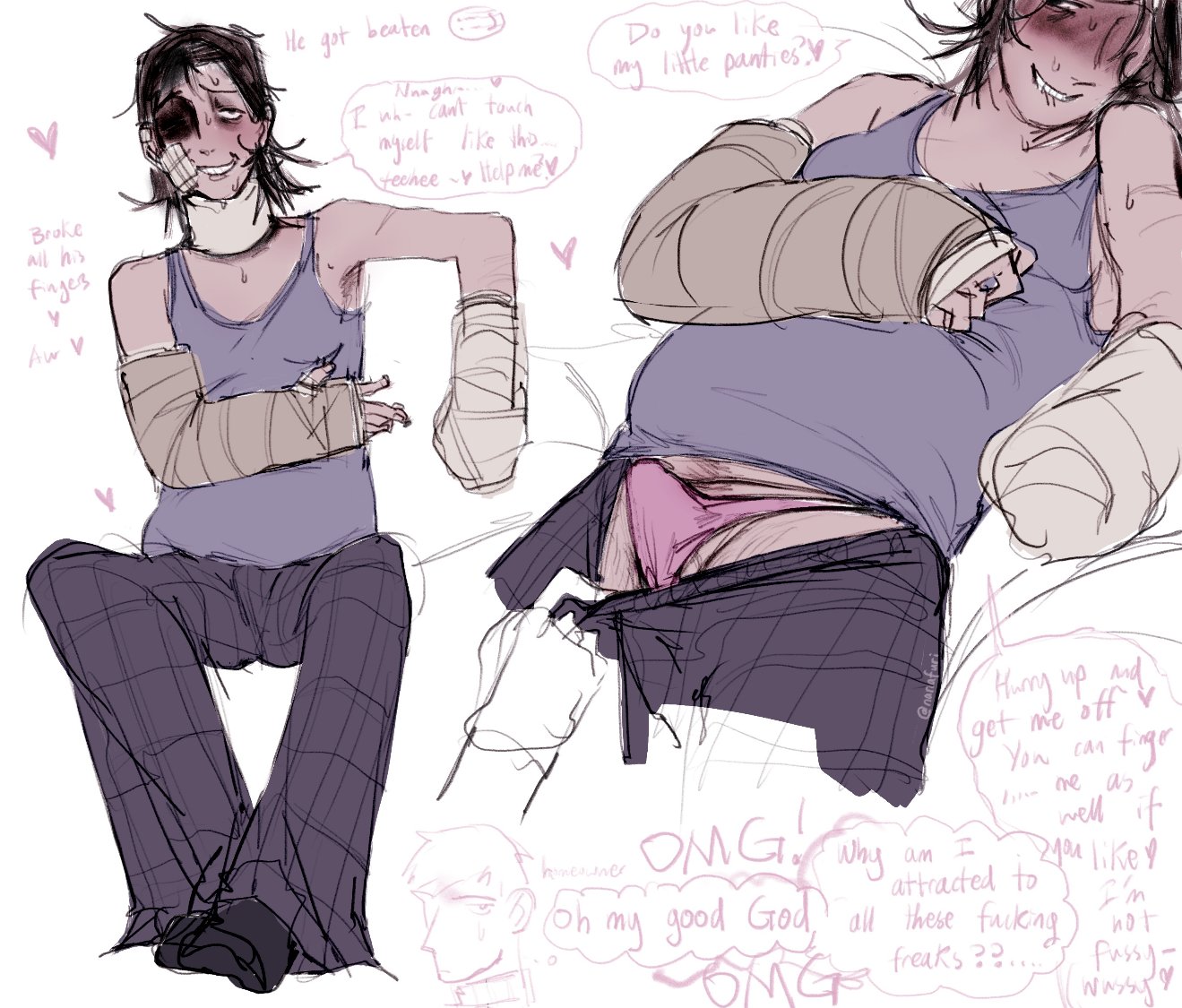 1boy, bandage, bandages, blush, blushing, broken bone, cast, creepy guy (no, i'm not a human), english text, erection, gay, injured, male, male only, masochism, masochist, nanafuri, no, i'm not a human, panties, pants pull, pulling down pants, solo focus, speech bubble, sweat, sweating, text