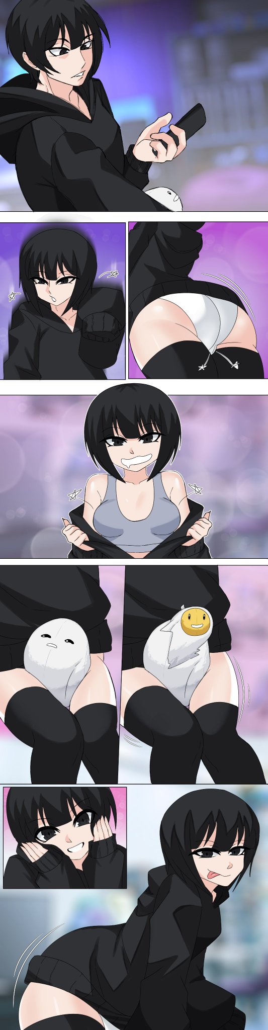 black eyes, black hair, boy, breast expansion, clare (erasethismail), coomer, erasethismail, femboy, gender transformation, genderswap (mtf), mtf transformation, panties, plushie, tagme, transformation, white panties