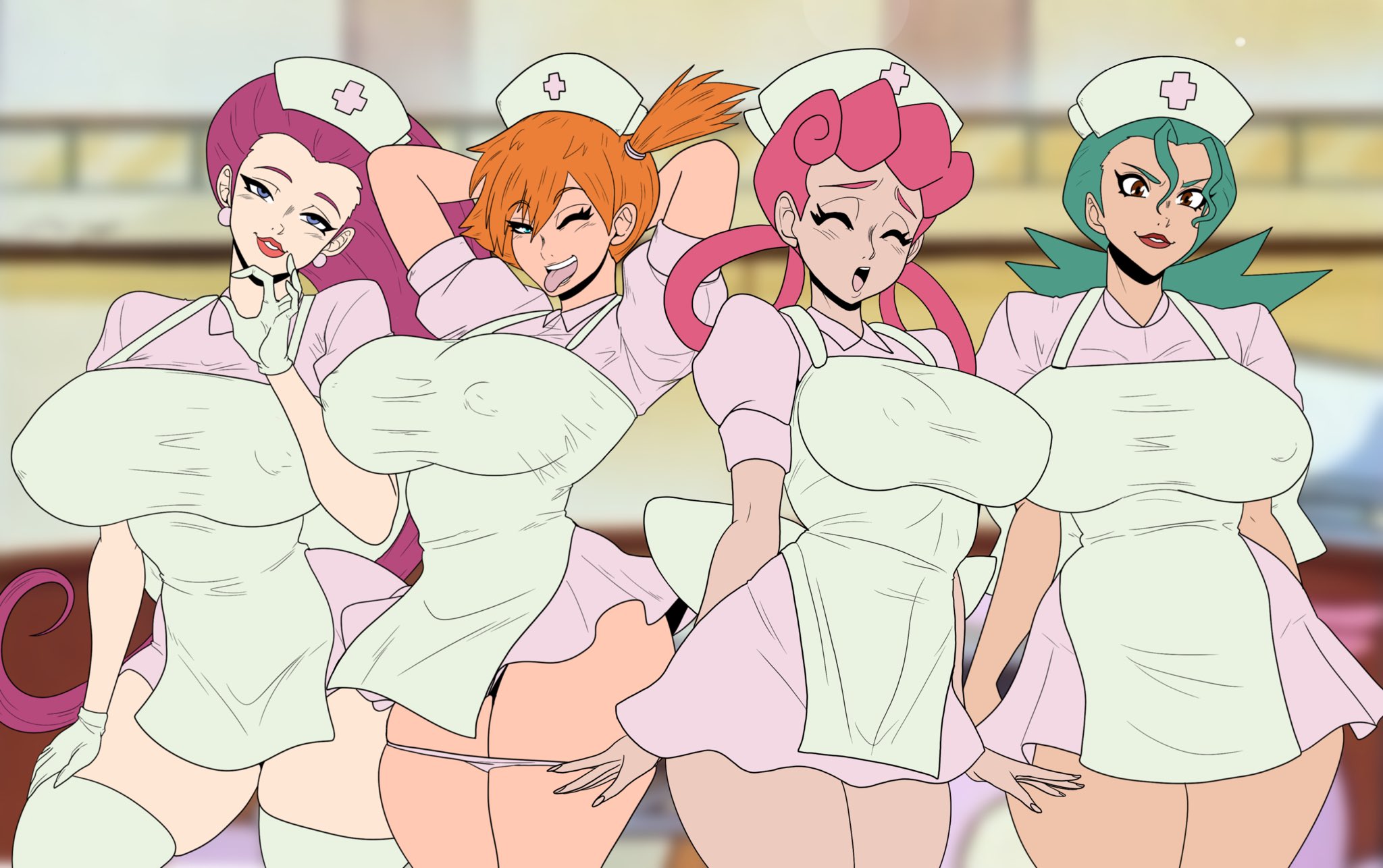 4girls, alternative bust size, alternative costume, apron, arms behind head, arms up, asymmetrical hair, blue eyes, breasts, brown eyes, closed eyes, clothes pull, clothing, collared dress, covered erect nipples, curvaceous, dress, earrings, erect nipples under clothes, eyeshadow, female, female pubic hair, gloves, green eyes, green hair, group, hair rings, hair slicked back, hair tie, hand on own thigh, hand on thigh, hat, headwear, huge breasts, human, indoors, jenny (pokemon), jessie (pokemon), jewelry, joy (pokemon), kasumi (pokemon), large breasts, legwear, lips, lipstick, long hair, looking at viewer, makeup, mature female, medium hair, misty (pokemon), multiple girls, ninja-8004, nurse, nurse cap, nurse joy, nurse joy (cosplay), officer jenny (pokemon), one eye closed, open mouth, orange hair, pale skin, panties, panties down, pantsu, panty pull, pink dress, pink hair, pink lips, pokemon, pokemon (anime), pokemon (classic anime)misty (pokemon), pokemon rgby, ponytail, pubic hair, puffy short sleeves, puffy sleeves, purple eyes, purple hair, red eyes, red lips, short dress, short hair, short sleeves, side ponytail, skindentation, smile, standing, thick thighs, thighhighs, thighs, tied hair, tongue, tongue out, underwear, underwear pull, very long hair, white apron, white gloves, white headwear, white legwear, white panties, white thighhighs, white underwear
