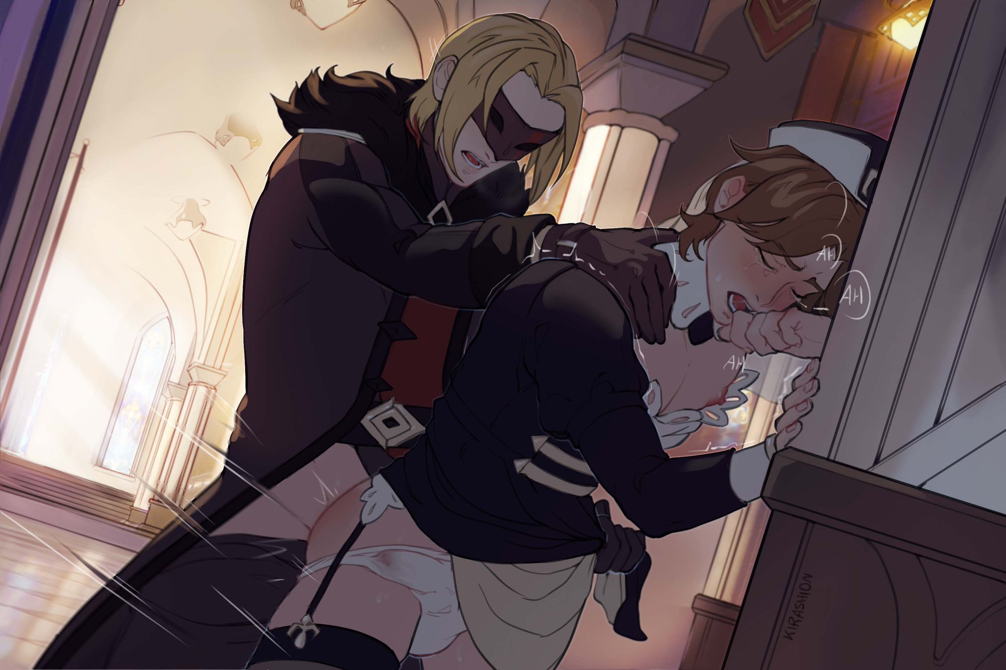 2boys, anal, anal sex, blonde hair, blush, blushing, boner, brown hair, closed eyes, clothing, erection, erection under clothes, fatui, garter straps, gay, genshin impact, gloves, hand to own mouth, huffman (genshin impact), kirashion, legwear, male, male only, male penetrated, male penetrating, male penetrating male, male/male, mask, masked, open mouth, penetration, sex, standing, standing sex, taken from behind, thighhighs, viktor (genshin impact)