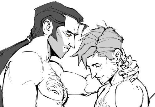 dispatch (game), flambae, gay, implied sex, long hair, male, male only, mitraavrs, muscular, muscular male, no visible genitalia, ponytail, robert robertson, yaoi
