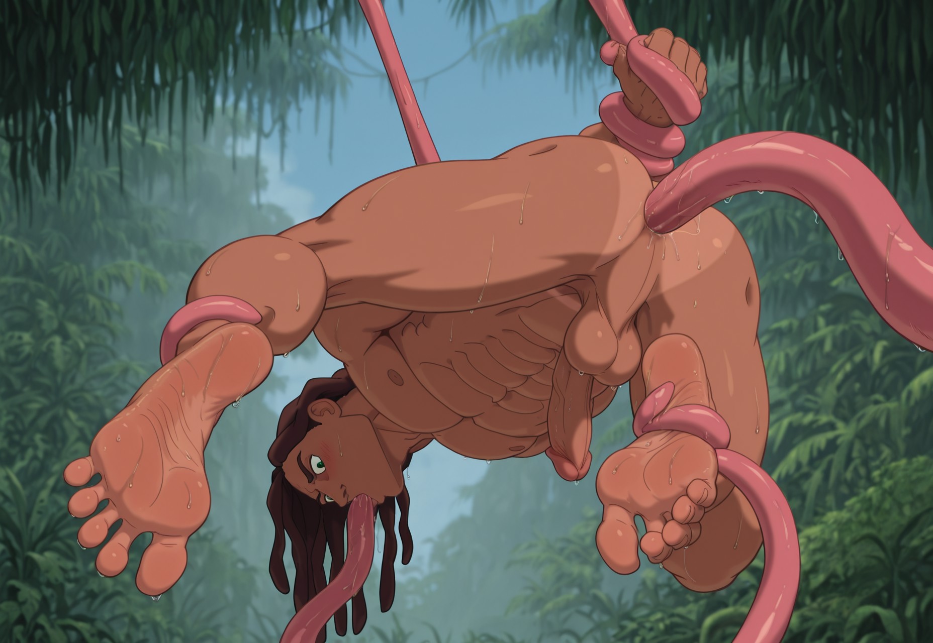 ai generated, barefoot, brown hair, day, disney, dreadlocks, erection, feet up, forced oral, gay, gay anal, green eyes, jungle, jungle background, long hair, male, male feet, male focus, male only, male rape victim, muscular, muscular male, naked male, outdoors, spread legs, sweat, sweaty, tan skin, tarzan (1999 film), tarzan (character), tentacle, tentacle in ass, tentacle in mouth, tentacle on male, tentacle rape, tentacle sex, yaoi
