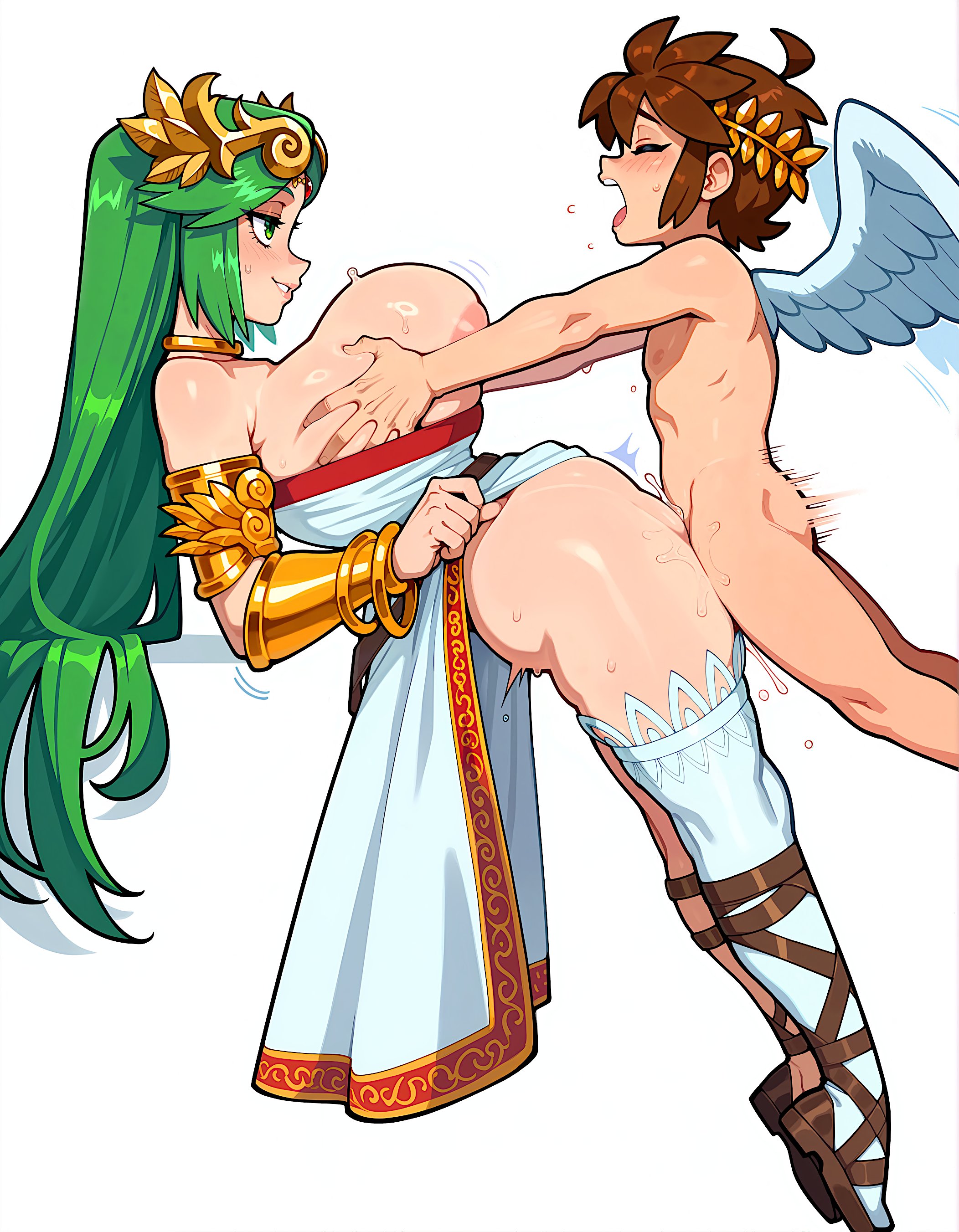 1boy, 1girls, ai generated, angel, angel wings, big breasts, blush, breasts, breasts out, brown hair, clothed, clothed female, clothed female nude male, dress pull, feathered wings, female, femboy, femboy on female, funnygrifter, goddess, green eyes, green hair, halo, jewelry, kid icarus, large breasts, larger female, laurel crown, long hair, naked, nintendo, nipples, nude, nude male, palutena, pit, pit (kid icarus), sex, short hair, single thighhigh, smaller male, smile, straight, sweat, tagme, thighhighs, vaginal, vaginal penetration, vaginal sex, vambraces, white wings, wings