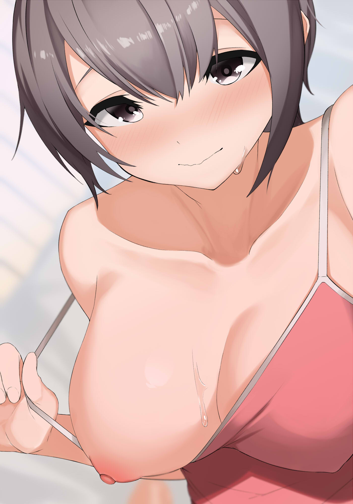 apple_(ygbhjdbiulsg) bangs bare_shoulders blush breasts brown_eyes brown_hair camisole cleavage closed_mouth collarbone commentary_request female highres idolmaster idolmaster_cinderella_girls large_breasts looking_at_viewer nose_blush otokura_yuuki pulled_by_self short_hair smile solo strap_pull sweat upper_body