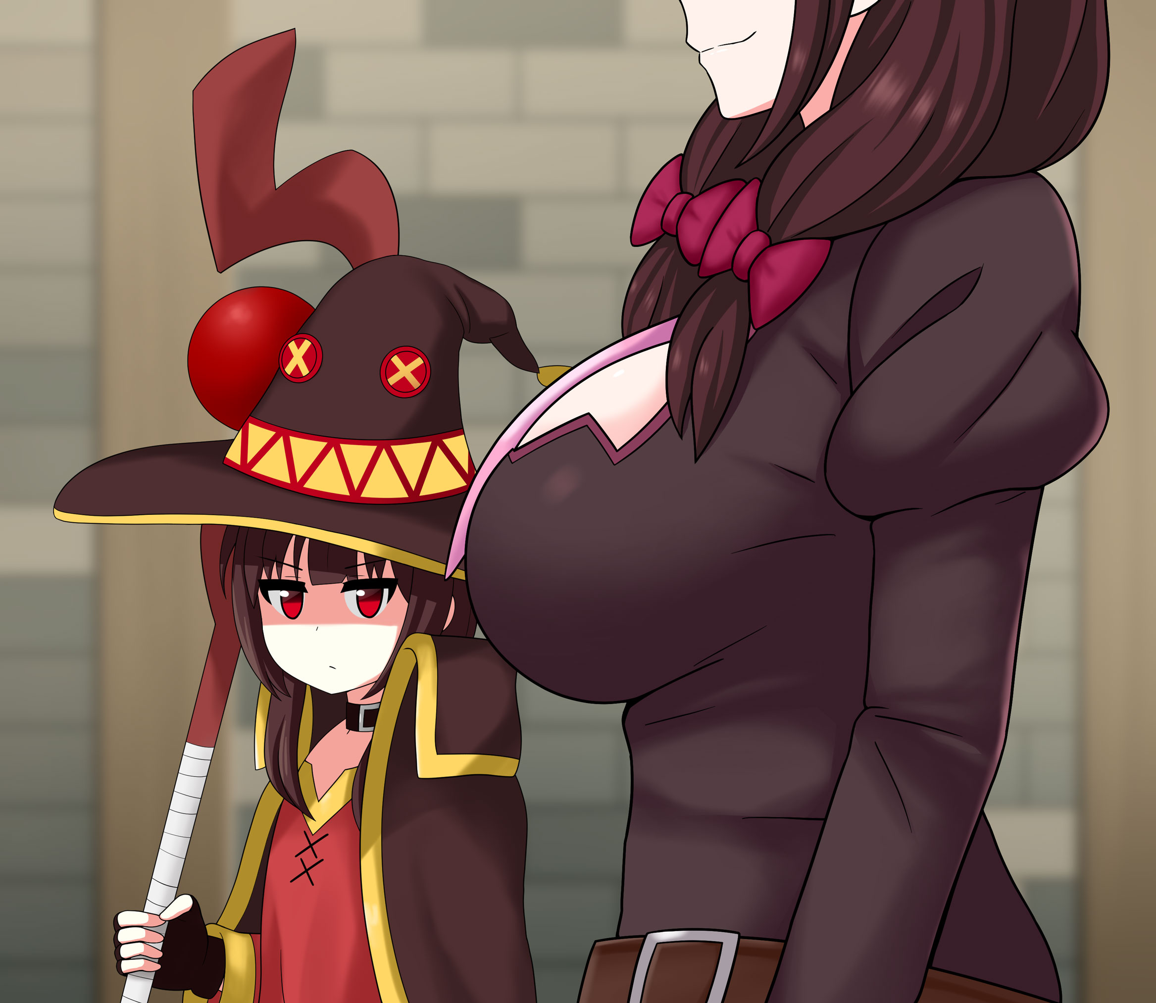 2021, 2girls, absurd res, belt, black dress, black gloves, bow, breast envy, breasts, brown hair, choker, city, cleavage, cleavage cutout, clothed, clothing, dress, eyebrows visible through hair, female, female only, fingerless gloves, girl staring at guy's chest, gloves, hair ribbon, hat, highres, holding staff, jealous, kono subarashii sekai ni shukufuku wo!, large breasts, looking at another, looking at breasts, megumin, meme, multiple females, multiple girls, necktie, open clothes, outdoors, ribbon, side view, sideboob, smile, staff, standing, the only shoe, tied hair, witch hat, yunyun (konosuba)