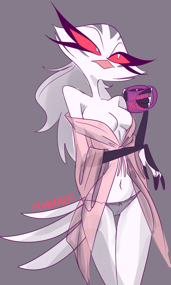 1girls, anthro, avian humanoid, bird, bird girl, bird humanoid, boobs, breasts, female, female only, helluva boss, medium breasts, panties, red sclera, solo, solo female, stella (helluva boss), tits, white feathers, white skin