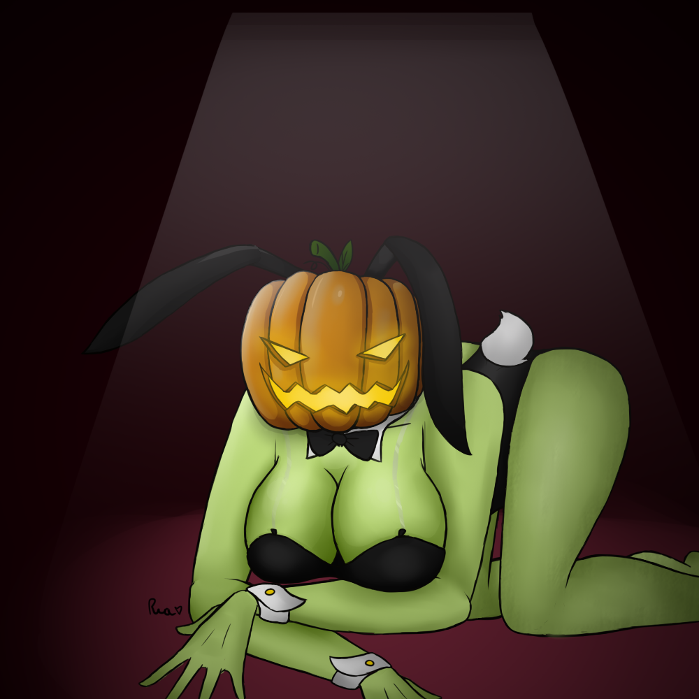 1girls artist_signature big_breasts bowtie breasts bunny_costume bunny_ears bunny_girl bunny_tail bunnysuit doggy_style dullahan glowing_eyes green_skin jack-o'-lantern monster non-human on_knees pumpkin pumpkin_girl pumpkin_head reareabunny roblox roblox_game robloxian rogue_lineage self_upload source_request spotlight thighs