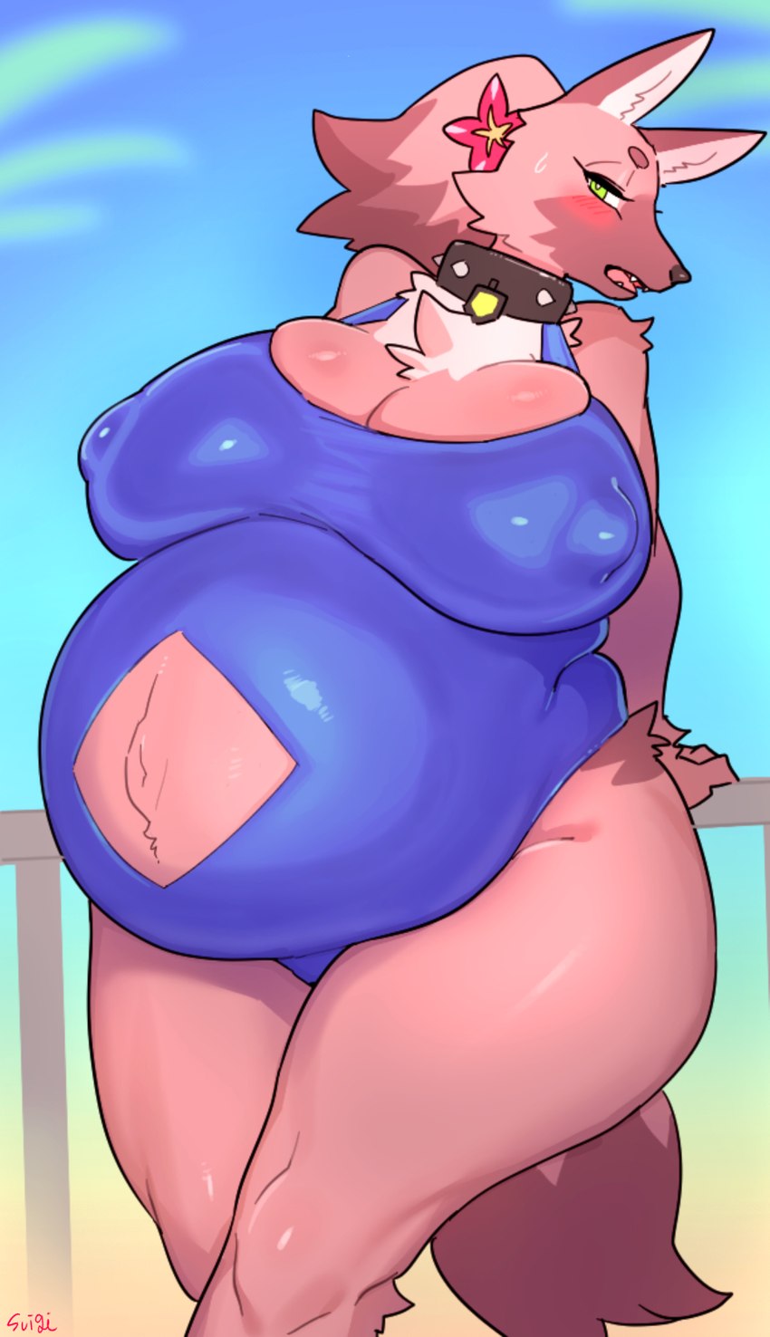 big breasts, blush, breasts, canine, female, furry, hourglass figure, keisatsu dog (sususuigi), nipples, one-piece swimsuit, original, original character, pregnant, ready to pop, sususuigi, tagme, thick thighs