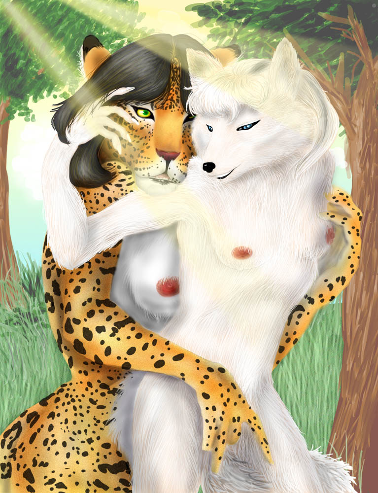 anthro arctic_fox black_hair black_nose blue_eyes breasts canid canine chakat chakona_space duo felid felid_taur female female/female finger_fuck fingering fingering_partner forest forestwalker fox fur green_eyes hair kaputotter mammal mammal_taur nipples orange_body orange_fur outside pink_nose plant sex spots spotted_body spotted_fur taur tree trina_snowfox vaginal_penetration white_hair yuri