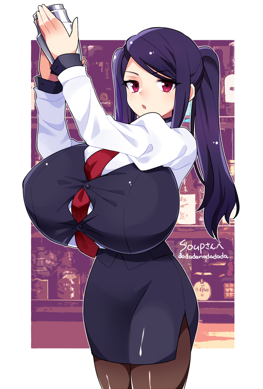 1girls arms_up barista bartender black_hair black_legwear black_skirt dadadanoda female female_only gigantic_breasts holding julianne_stingray long_hair looking_at_viewer necktie pantyhose pencil_skirt red_eyes red_necktie skirt solo suit taut_shirt tumbler twintails va-11_hall-a white_shirt