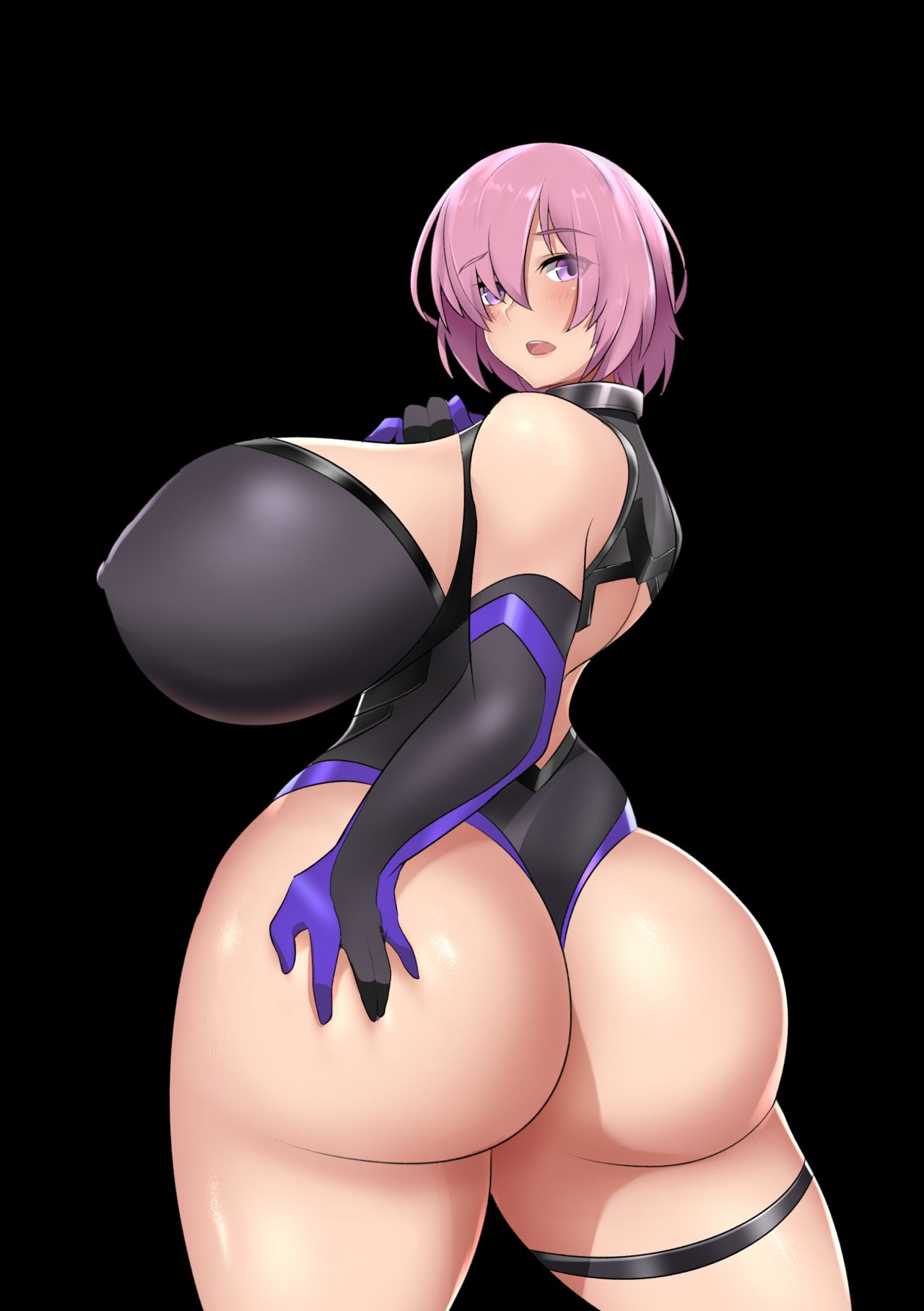 1girls, alto-kun, ass, ass focus, big ass, big breasts, big butt, blush, breasts, elbow gloves, fate (series), fate/grand order, female, female only, huge ass, huge breasts, hyper breasts, large breasts, light skin, light-skinned female, looking back, mash kyrielight, open mouth, pink hair, purple eyes, short hair, solo, speedo, thick thighs